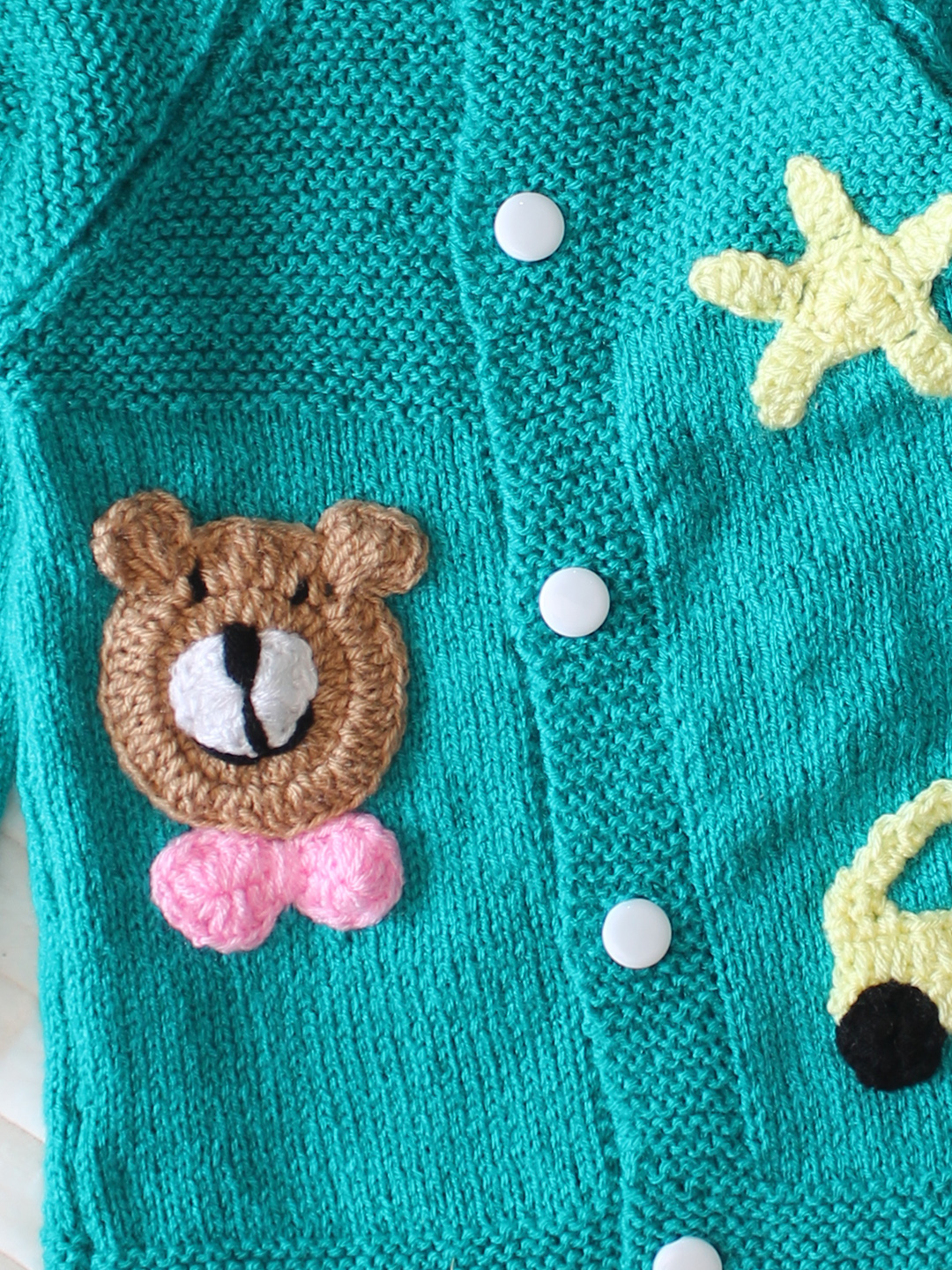 Woonie Handknitted Full Sleeves Applique Detailed Cardigan with Cap & Socks Set - Sea Green