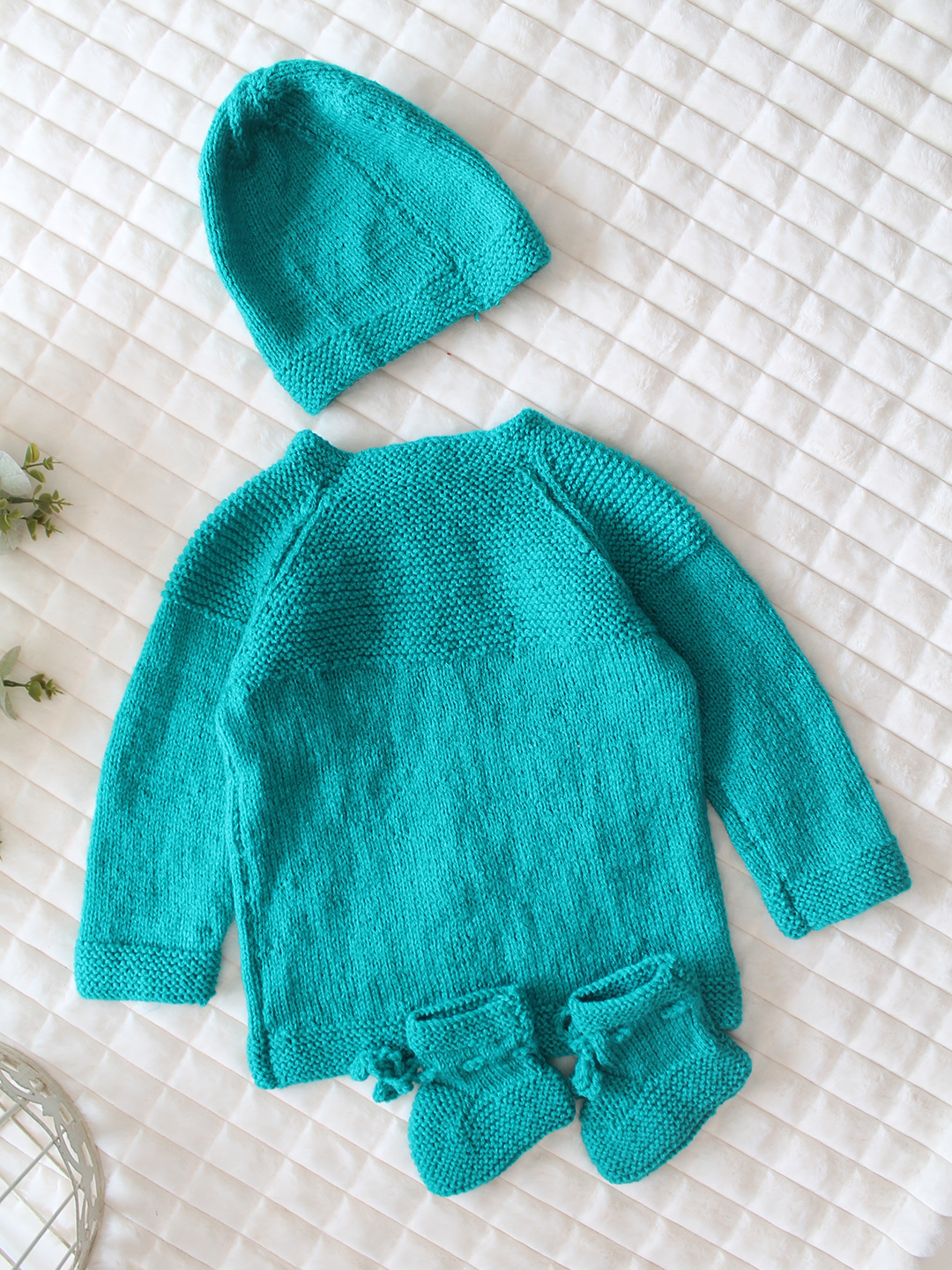 Woonie Handknitted Full Sleeves Applique Detailed Cardigan with Cap & Socks Set - Sea Green