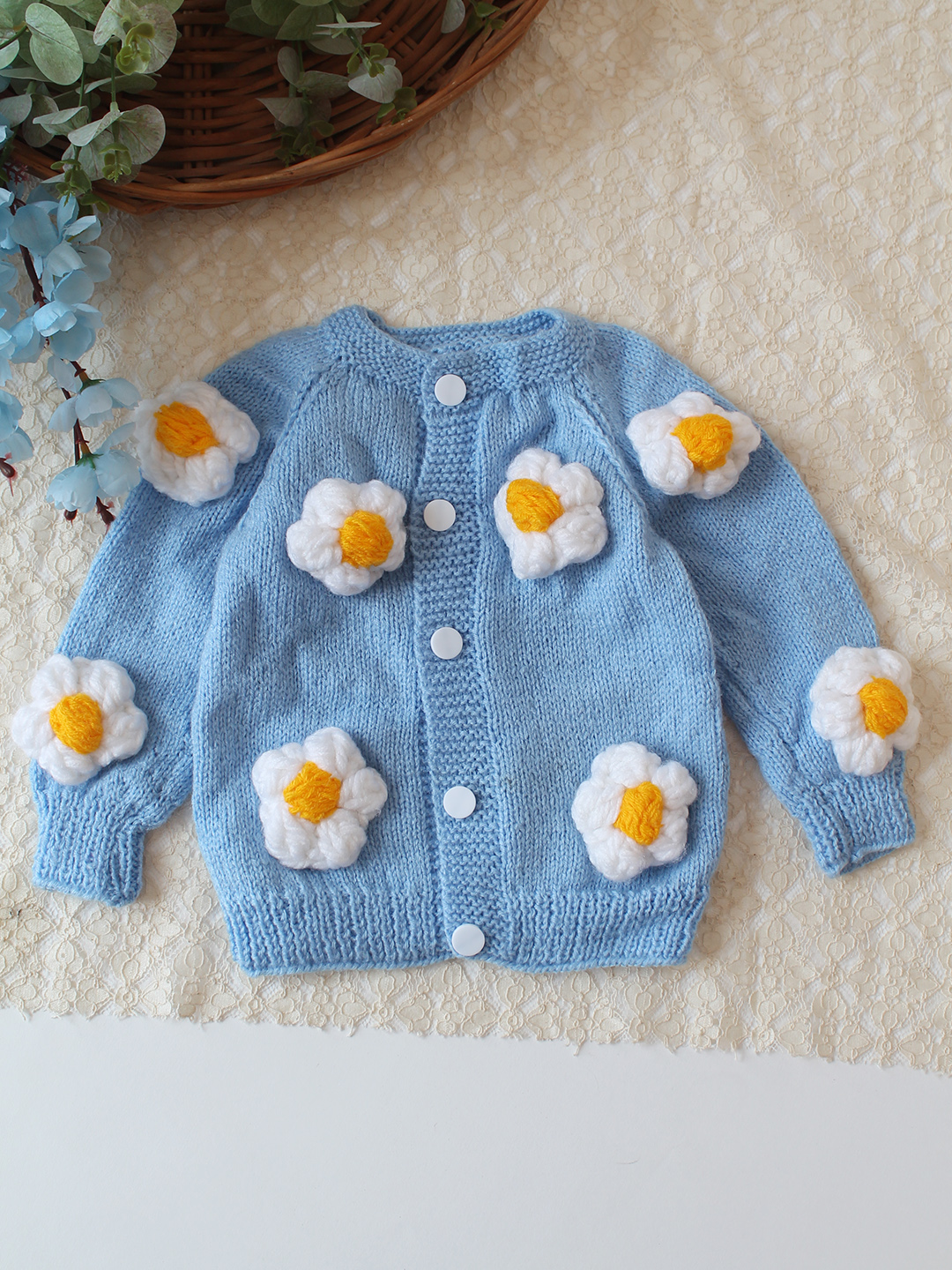 Woonie Handknitted Floral Applique Sweater - Sky Blue