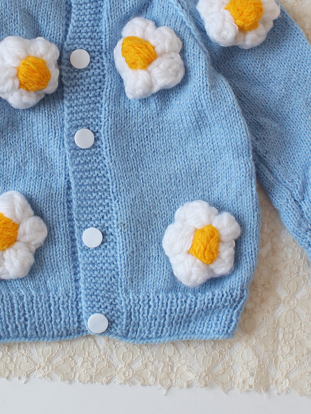 Woonie Handknitted Floral Applique Sweater - Sky Blue