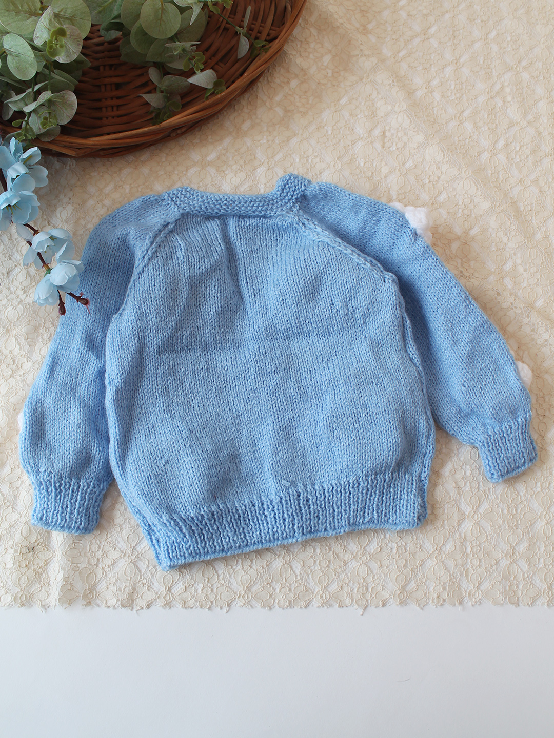Woonie Handknitted Floral Applique Sweater - Sky Blue