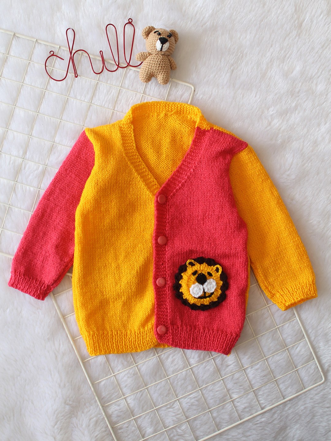 Woonie Handknitted Full Sleeves Colorblock Cardigan - Yellow