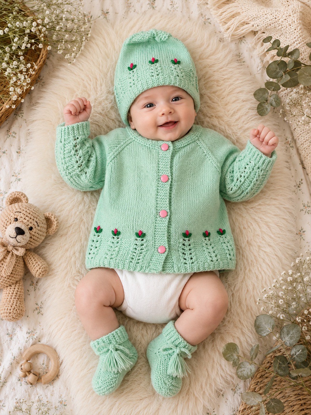 Woonie Handknitted Full Sleeves Floral Embroidered Cardigan with Cap & Socks - Green