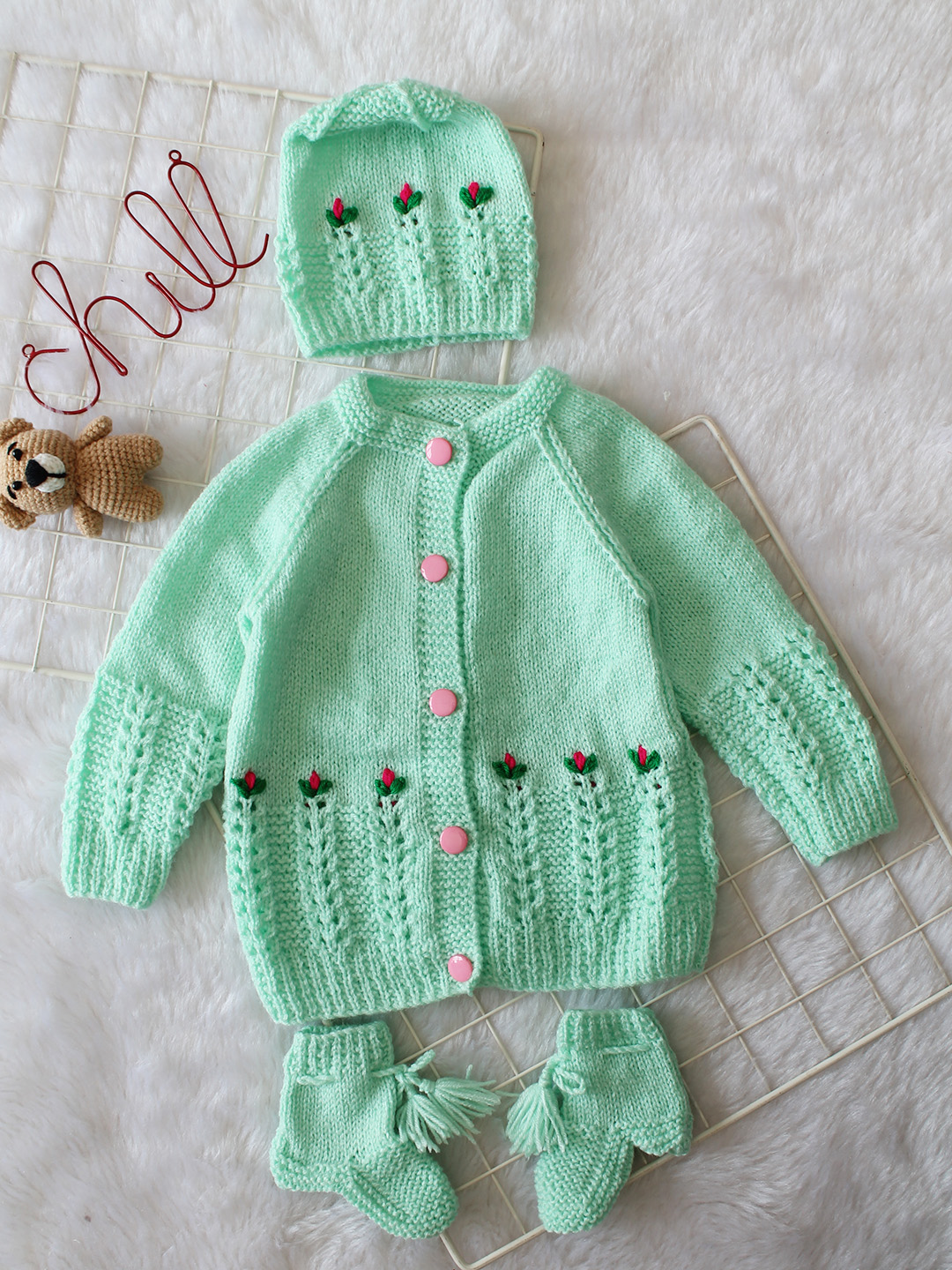 Woonie Handknitted Full Sleeves Floral Embroidered Cardigan with Cap & Socks - Green