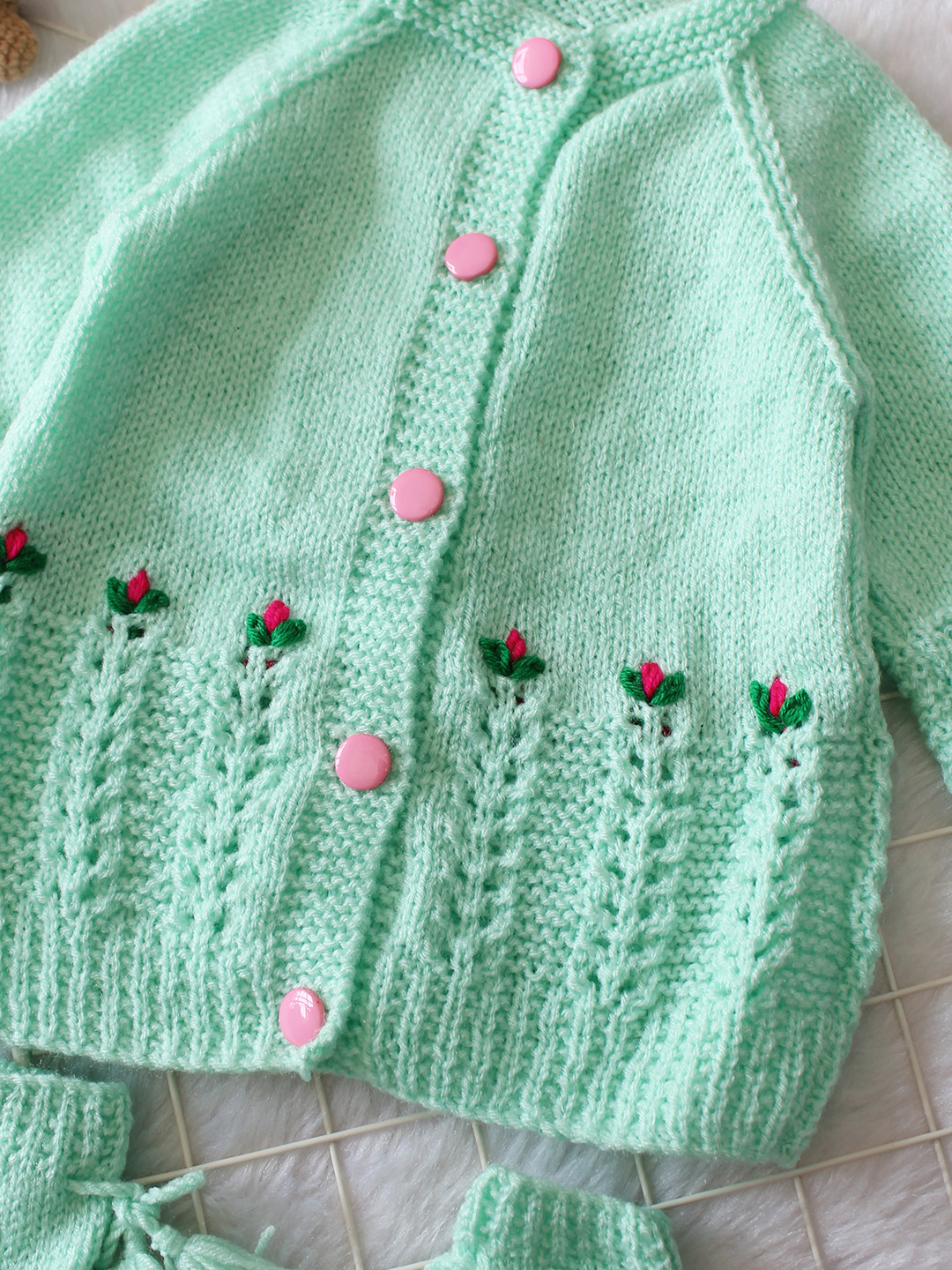 Woonie Handknitted Full Sleeves Floral Embroidered Cardigan with Cap & Socks - Green