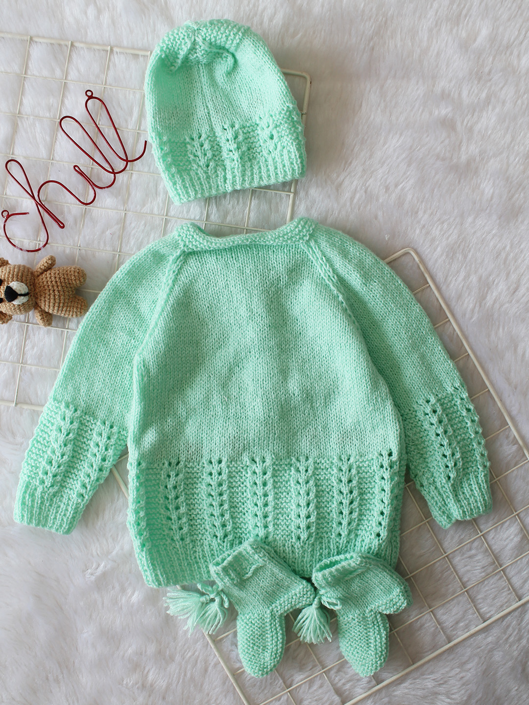 Woonie Handknitted Full Sleeves Floral Embroidered Cardigan with Cap & Socks - Green