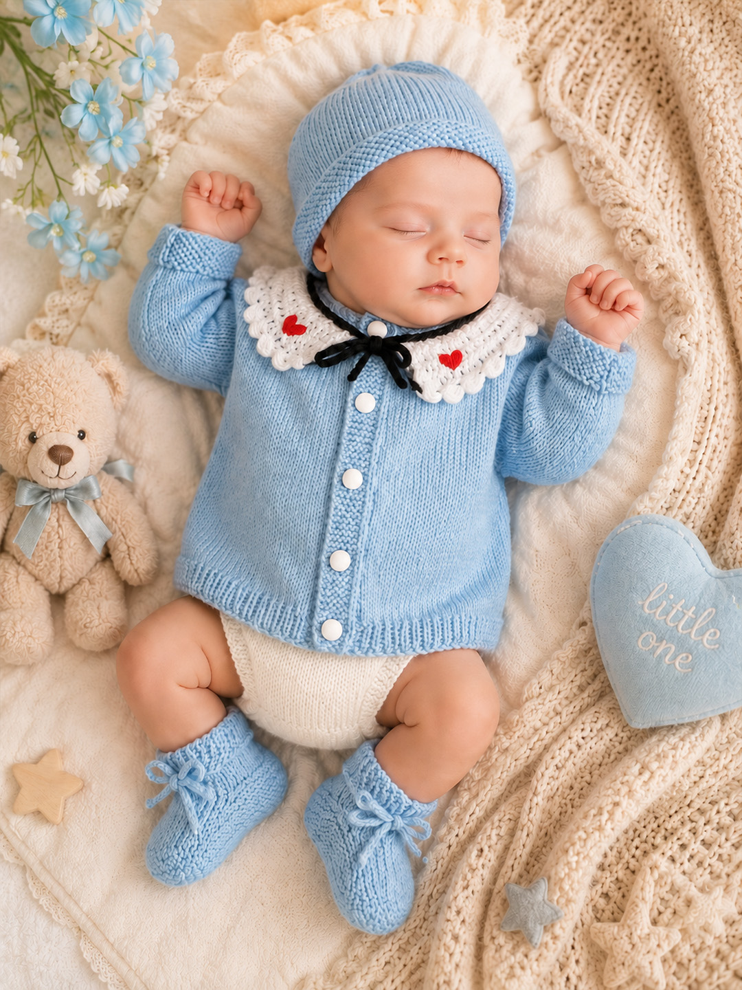 Woonie Handknitted Full Sleeves Ruffled Collar Cardigan with Cap & Socks - Sky Blue