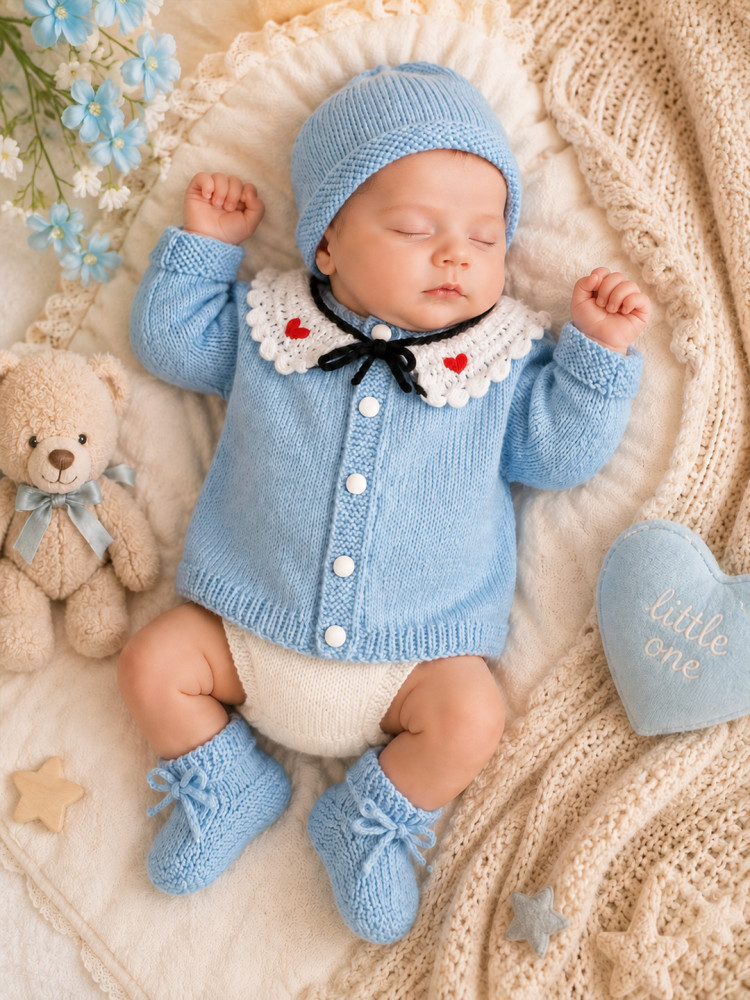 Image of Woonie Handknitted Full Sleeves Ruffled Collar Cardigan with Cap &amp; Socks - Sky Blue