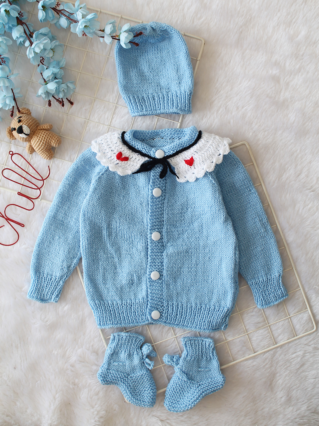 Woonie Handknitted Full Sleeves Ruffled Collar Cardigan with Cap & Socks - Sky Blue
