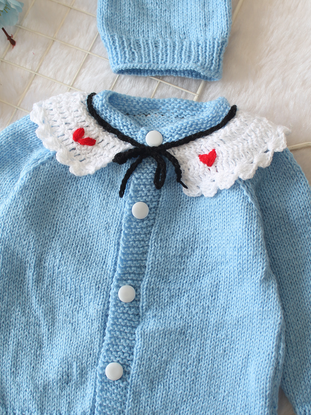Woonie Handknitted Full Sleeves Ruffled Collar Cardigan with Cap & Socks - Sky Blue