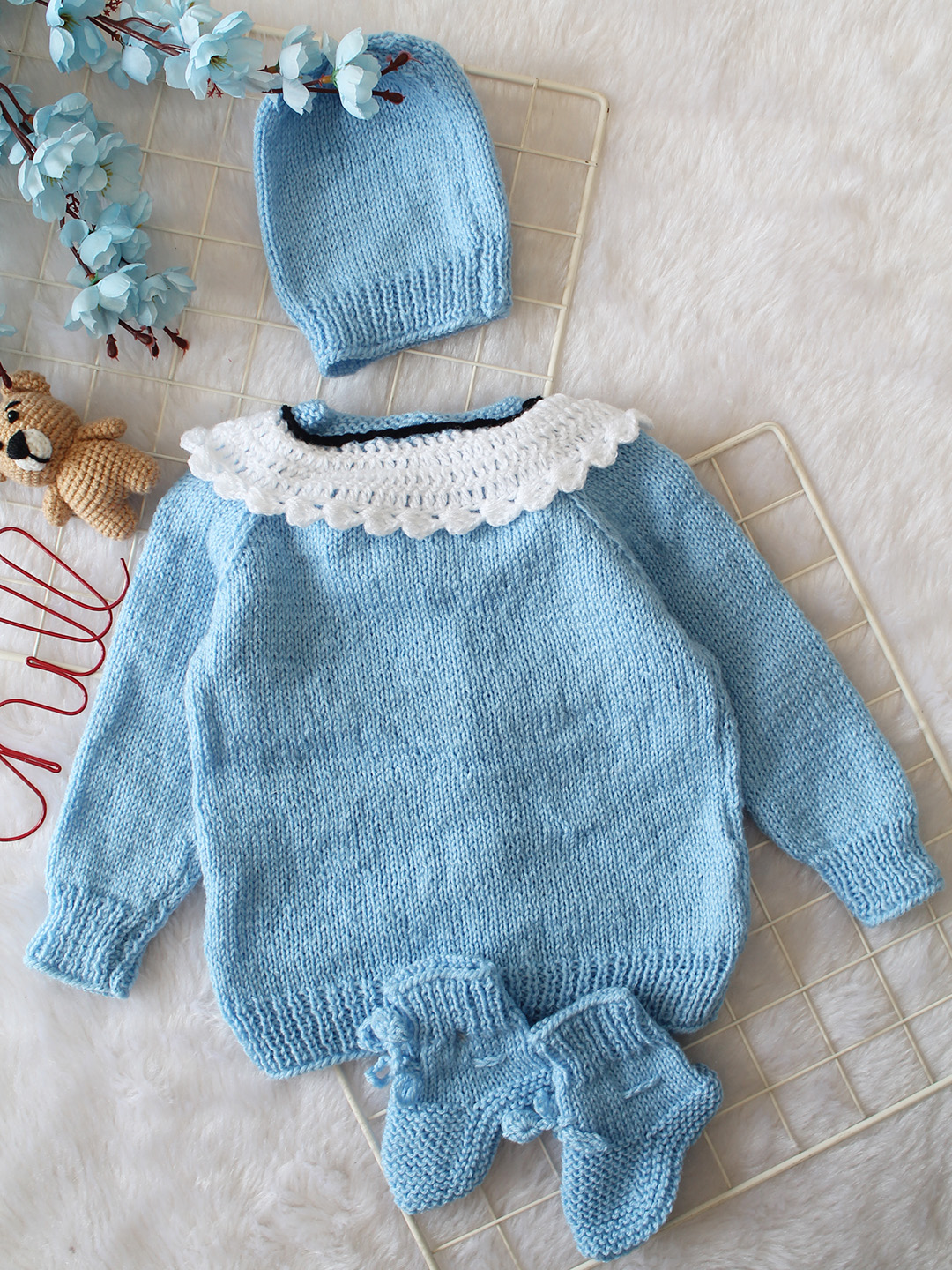 Woonie Handknitted Full Sleeves Ruffled Collar Cardigan with Cap & Socks - Sky Blue
