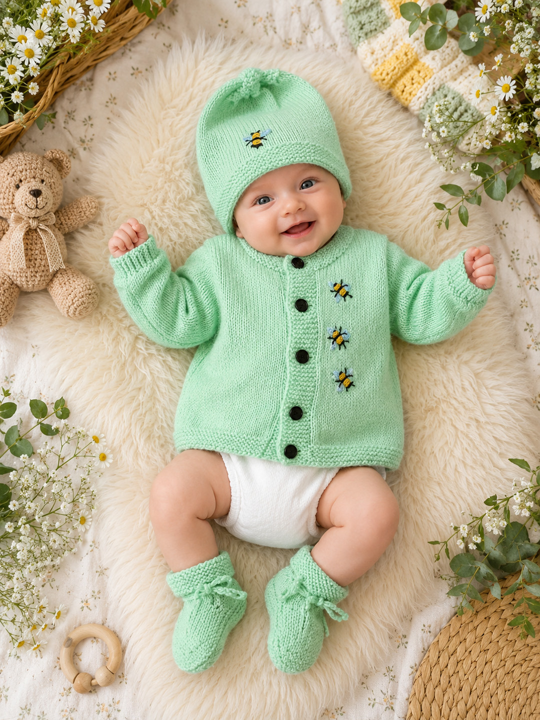 Woonie Handknitted Full Sleeves Bee Embroidered Cardigan with Cap & Socks - Green