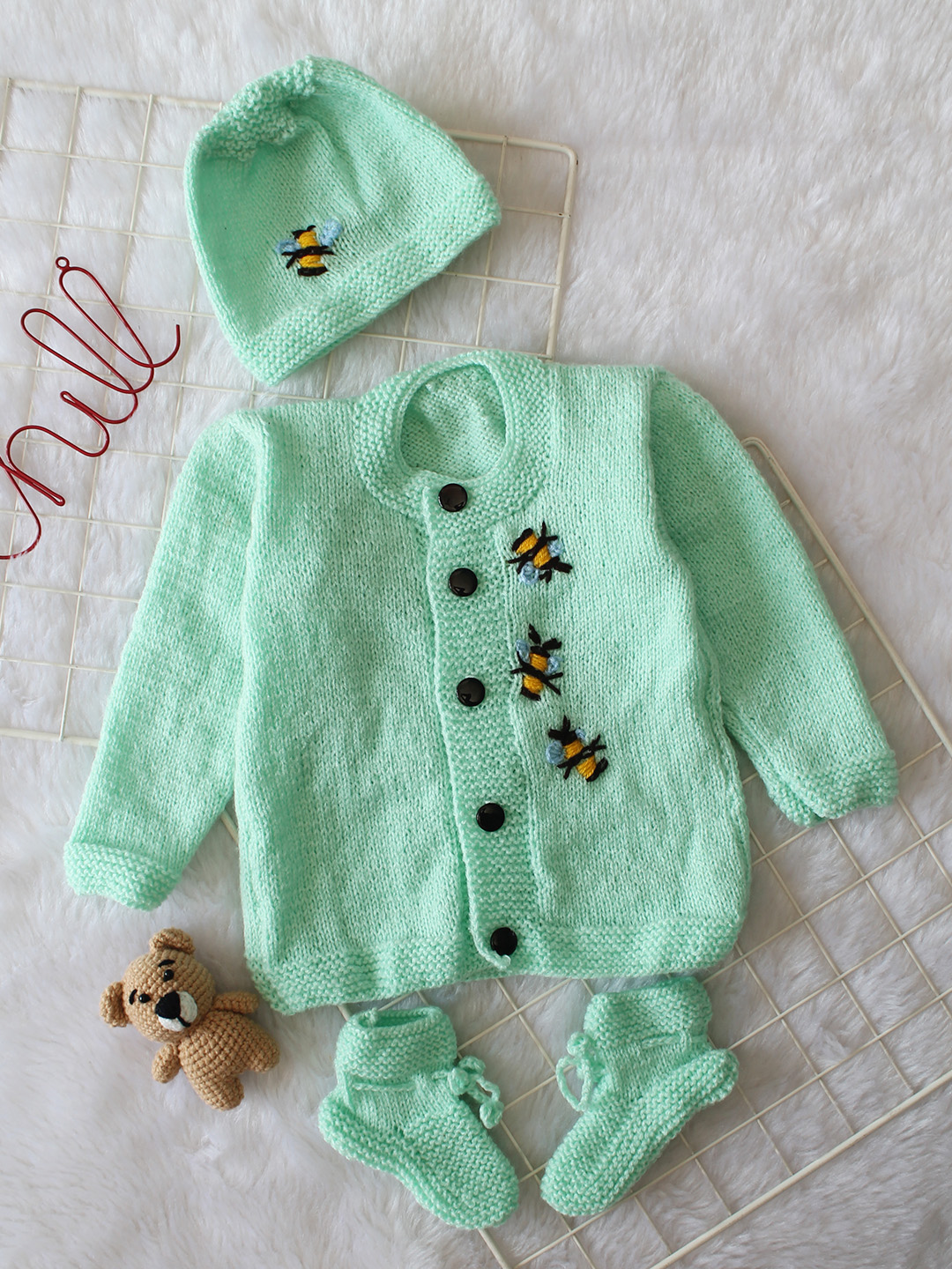 Woonie Handknitted Full Sleeves Bee Embroidered Cardigan with Cap & Socks - Green
