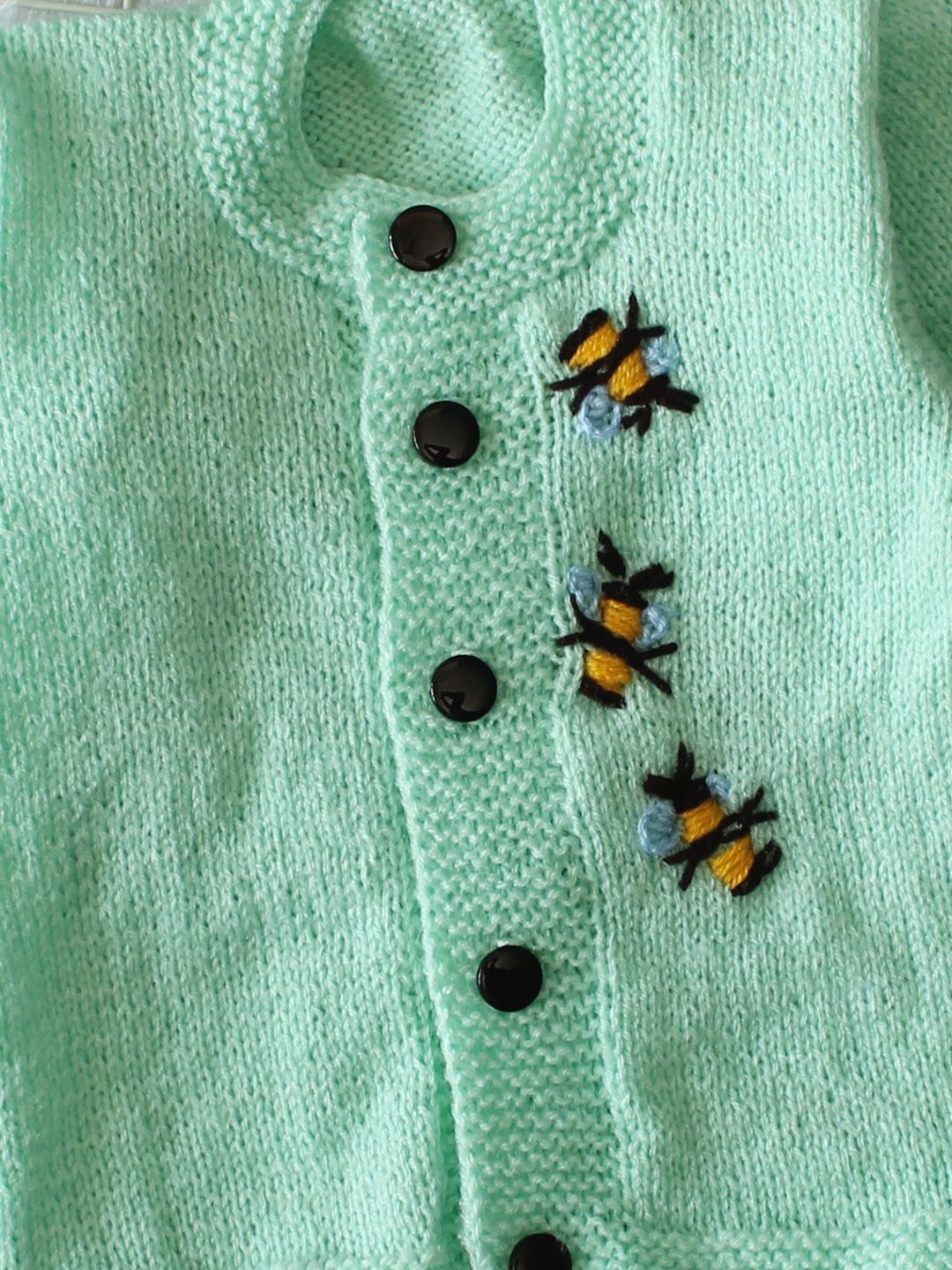 Woonie Handknitted Full Sleeves Bee Embroidered Cardigan with Cap & Socks - Green