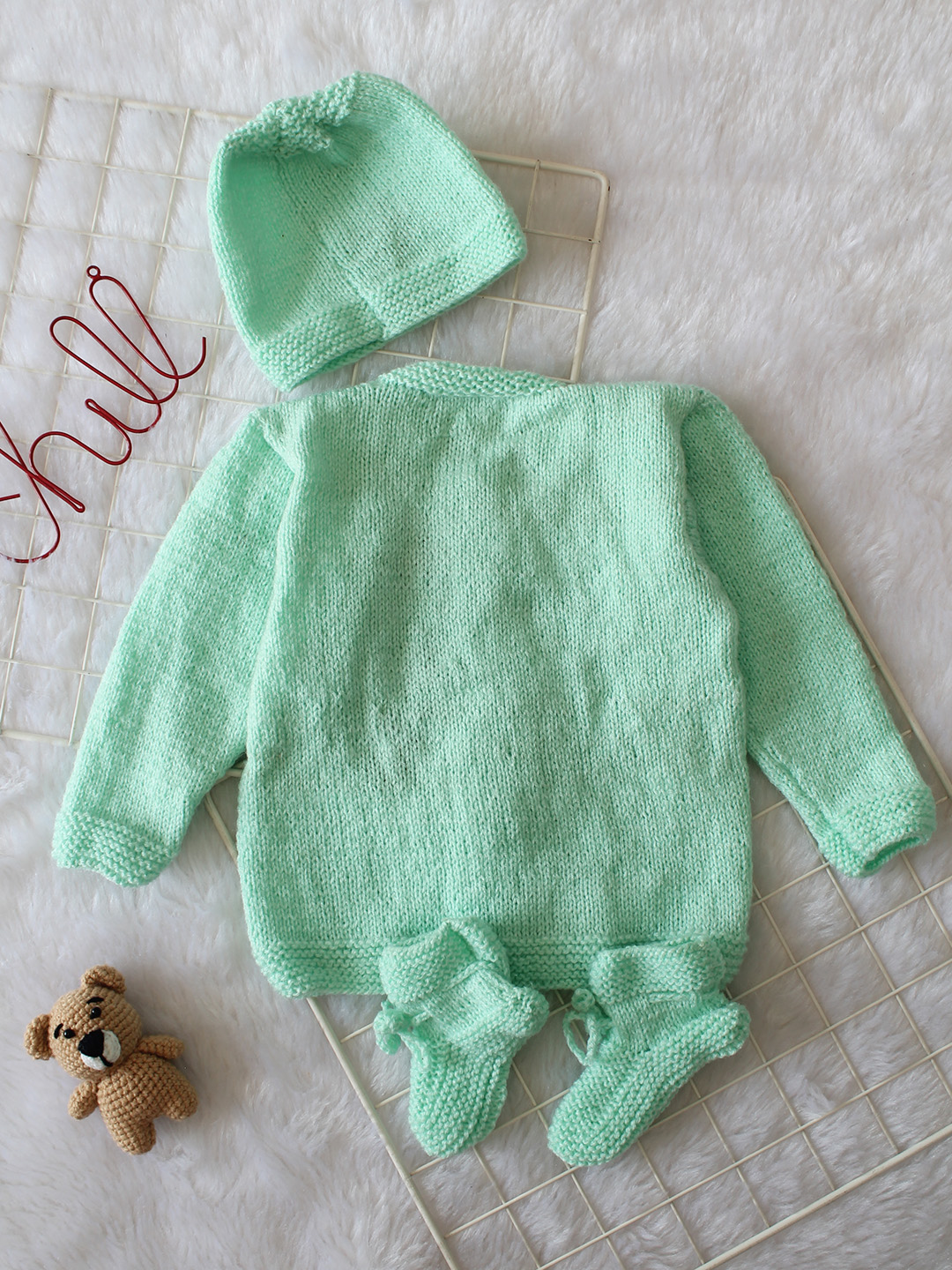 Woonie Handknitted Full Sleeves Bee Embroidered Cardigan with Cap & Socks - Green