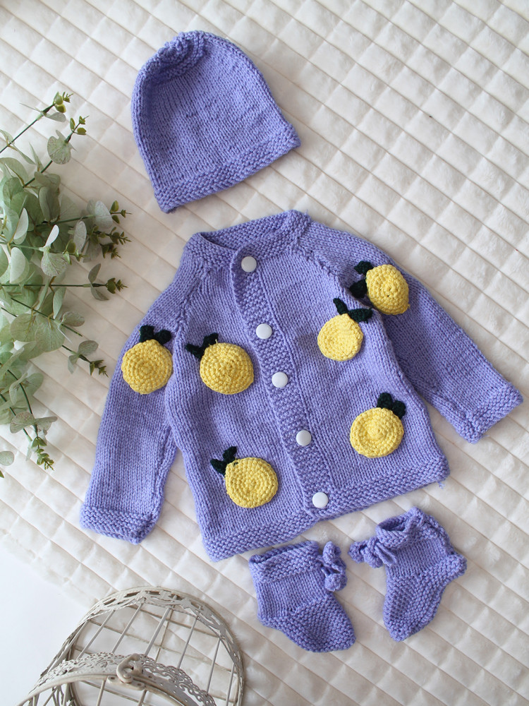 Image of Woonie Handknitted Full Sleeves Fruit Applique Detailed Cardigan with Cap &amp; Socks Set - Purple