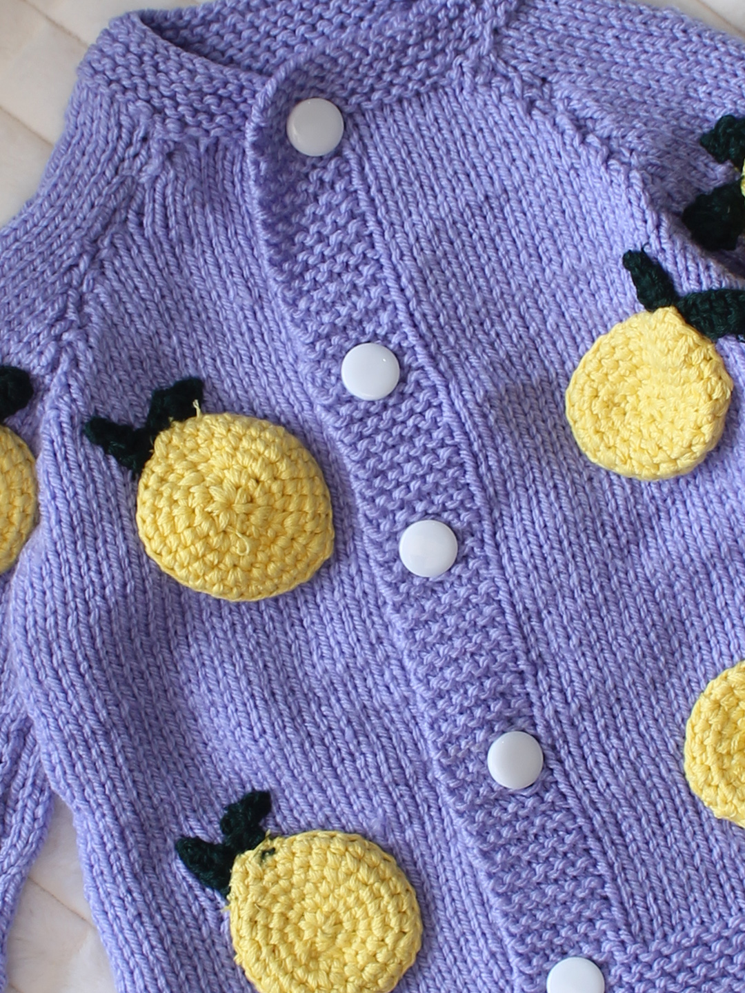 Woonie Handknitted Full Sleeves Fruit Applique Detailed Cardigan with Cap & Socks Set - Purple