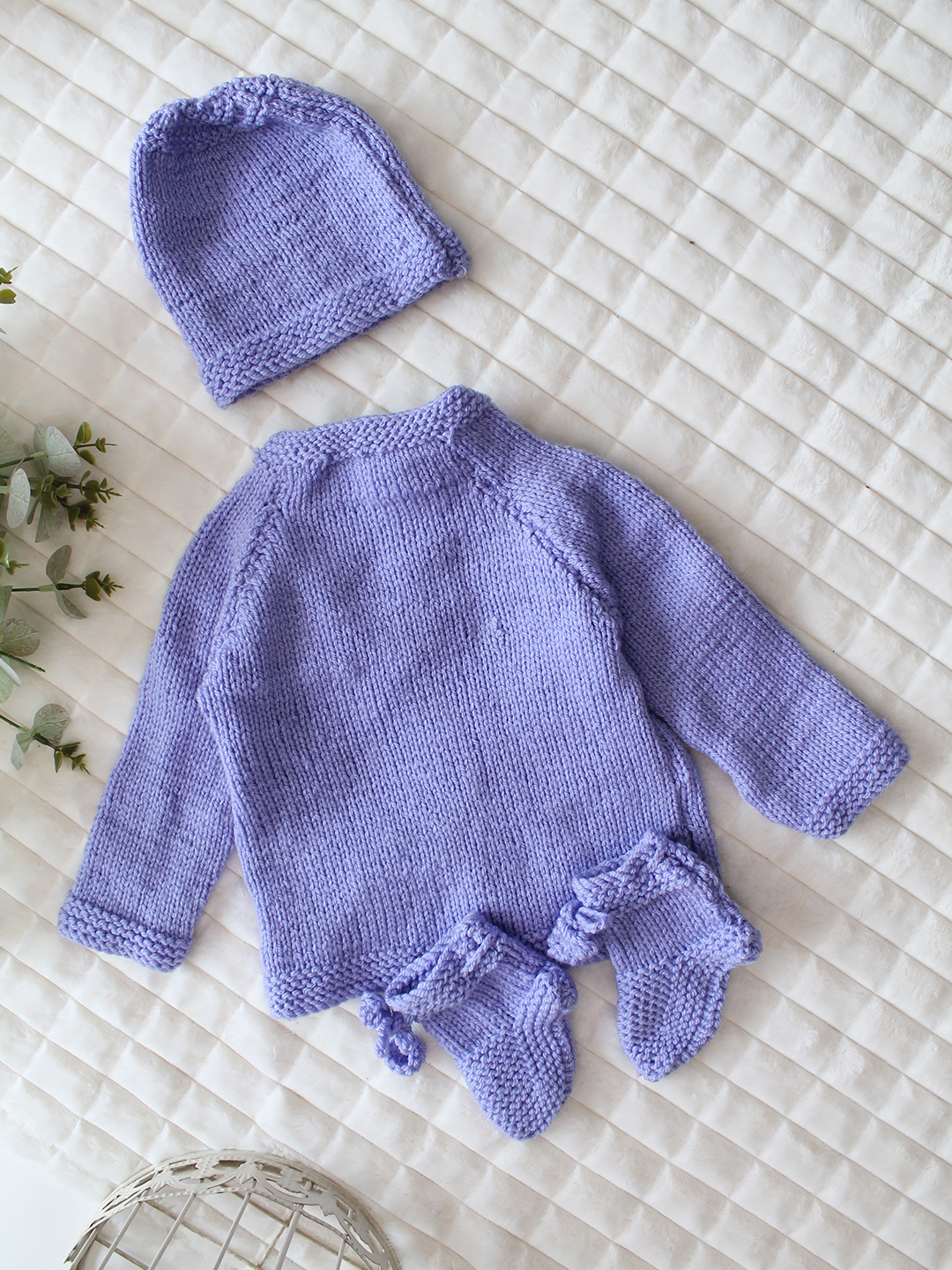 Woonie Handknitted Full Sleeves Fruit Applique Detailed Cardigan with Cap & Socks Set - Purple