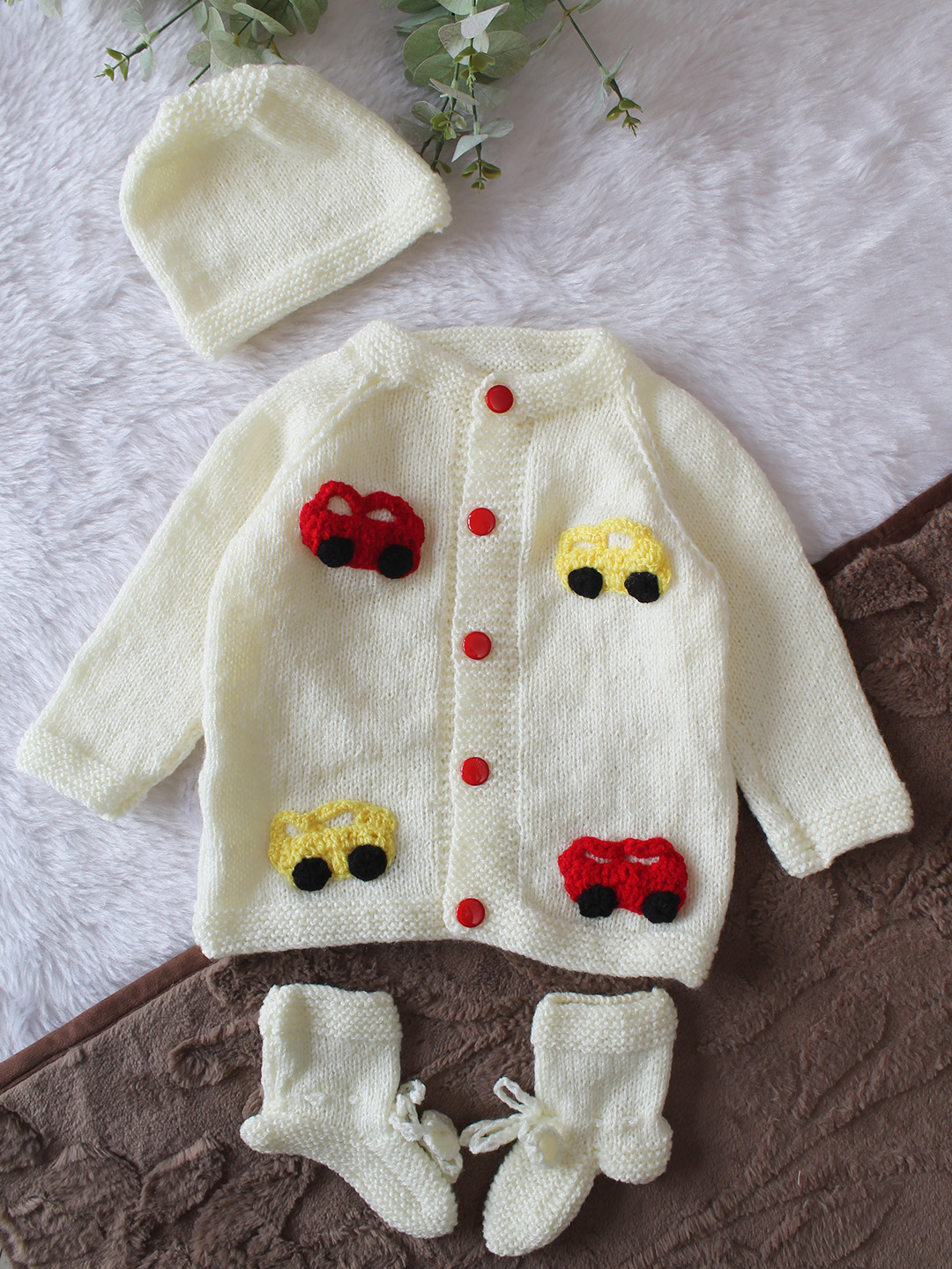 Woonie Handknitted Full Sleeves Car Applique Detailed Cardigan with Cap & Socks Set - Cream