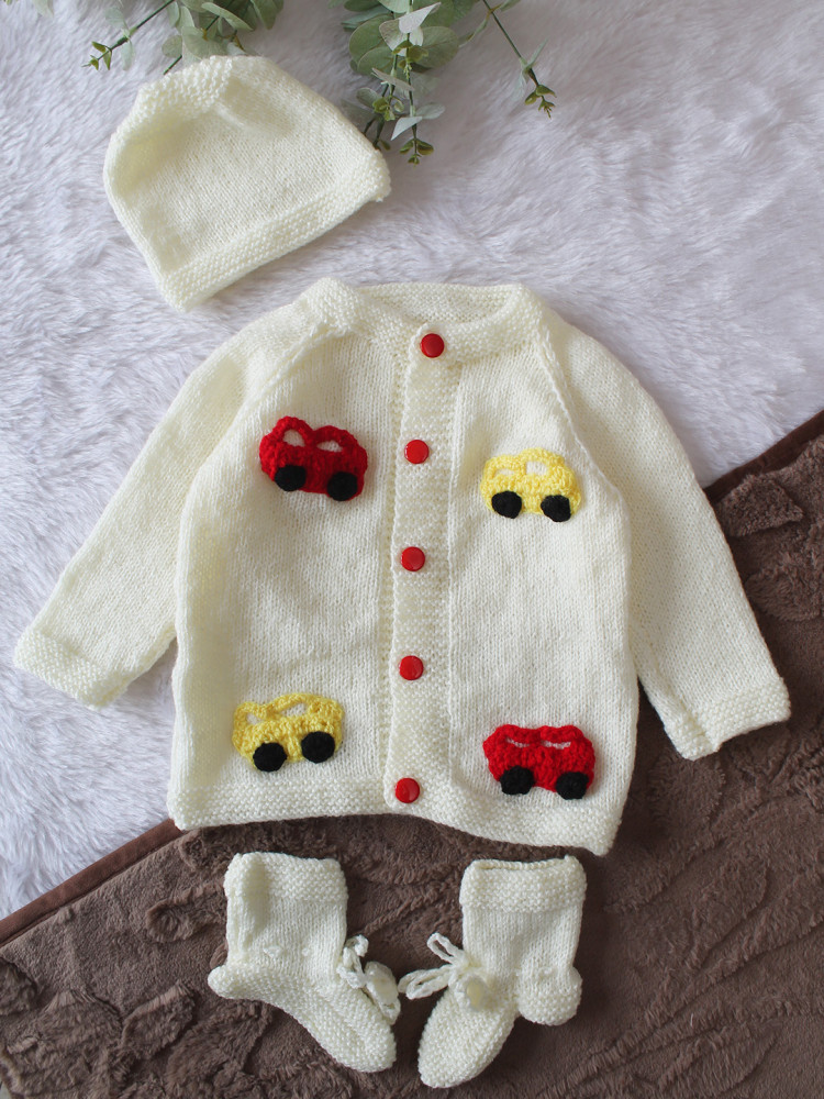 Image of Woonie Handknitted Full Sleeves Car Applique Detailed Cardigan with Cap &amp; Socks Set - Cream