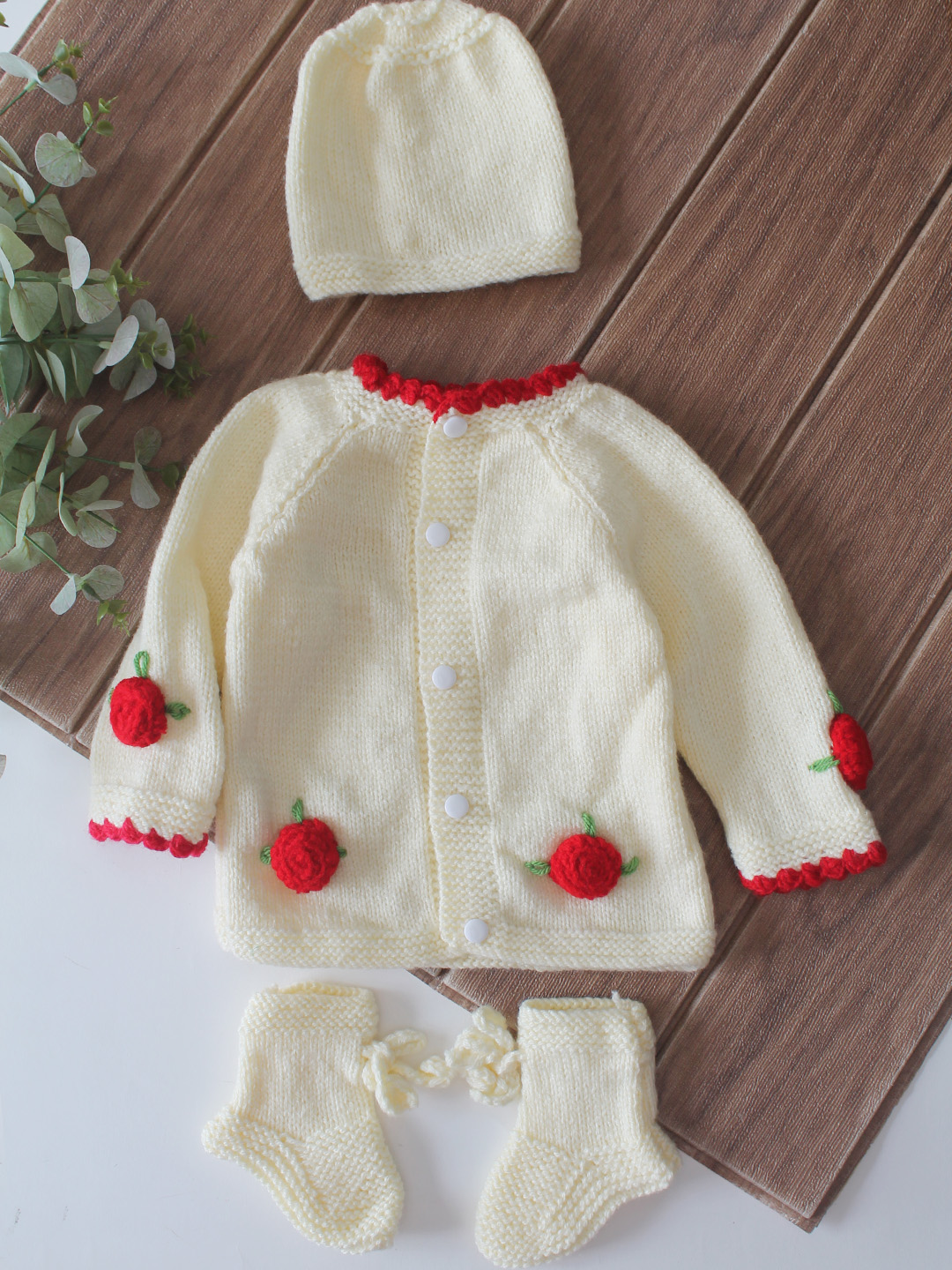 Woonie Handknitted Full Sleeves Rose Applique Detailed Cardigan with Cap & Socks Set - Cream