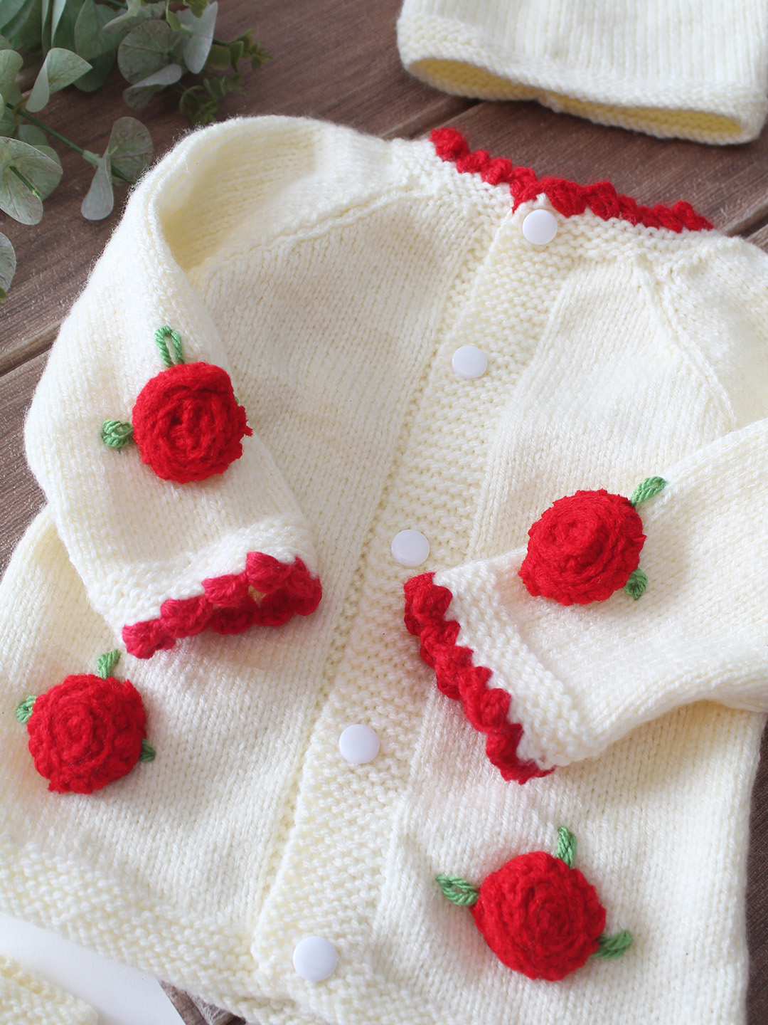 Woonie Handknitted Full Sleeves Rose Applique Detailed Cardigan with Cap & Socks Set - Cream