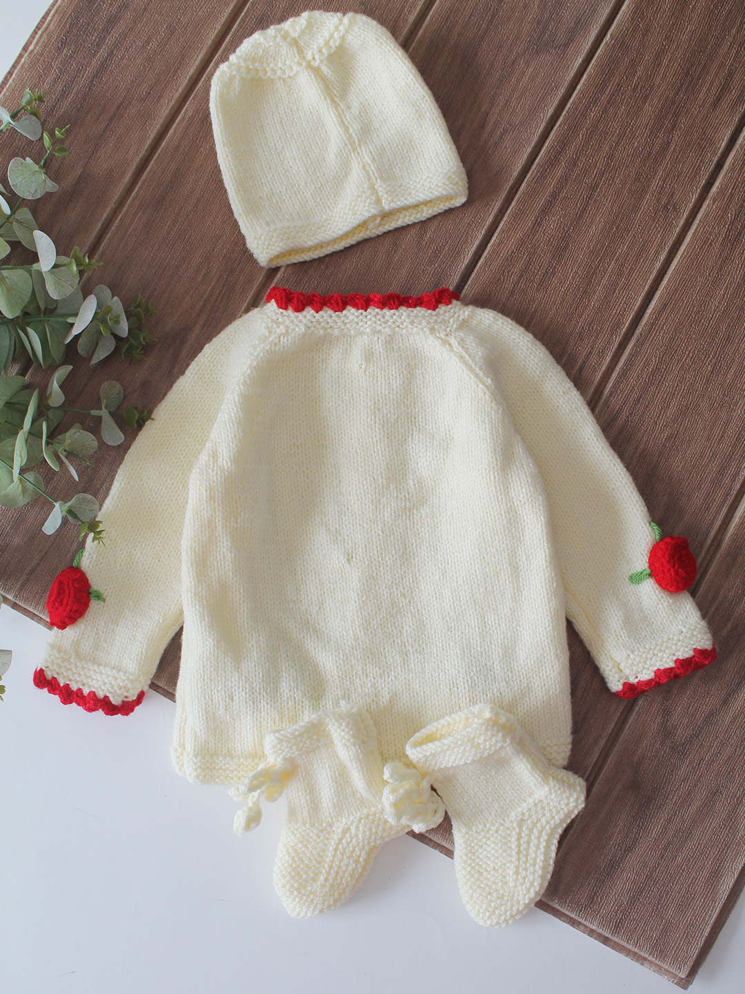 Woonie Handknitted Full Sleeves Rose Applique Detailed Cardigan with Cap & Socks Set - Cream