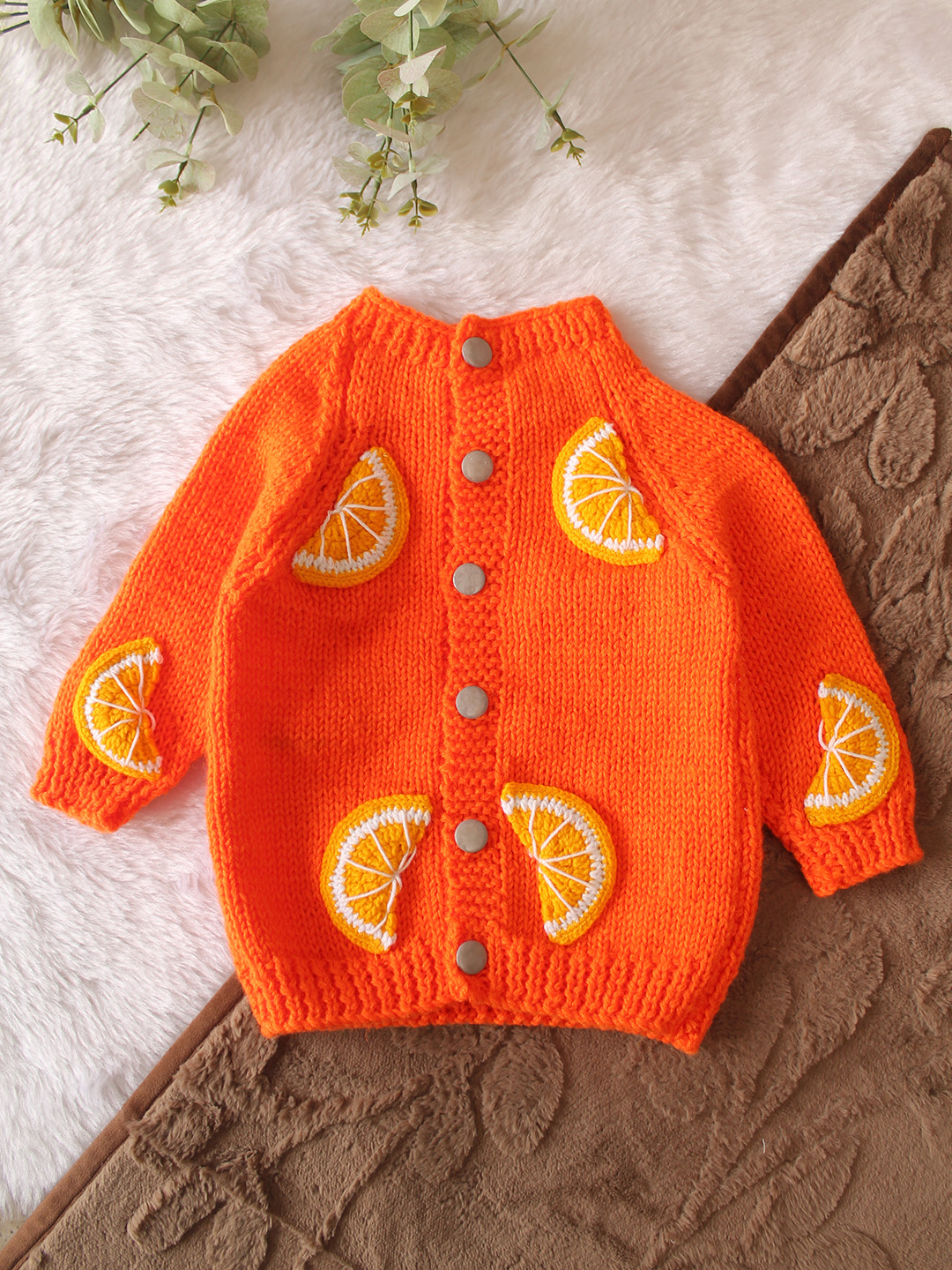 Woonie Handknitted Full Sleeves Orange Slice Applique Cardigan - Orange