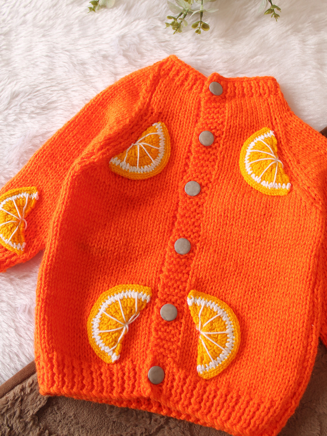 Woonie Handknitted Full Sleeves Orange Slice Applique Cardigan - Orange