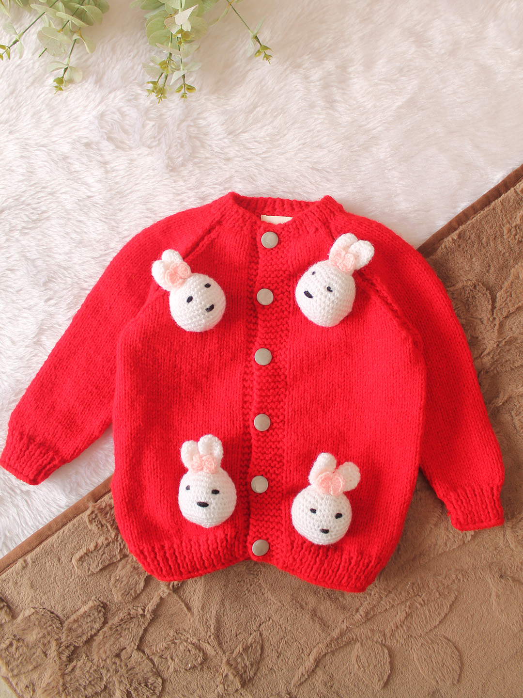 Woonie Handknitted Full Sleeves 3D Bunny Head Applique Cardigan - Red