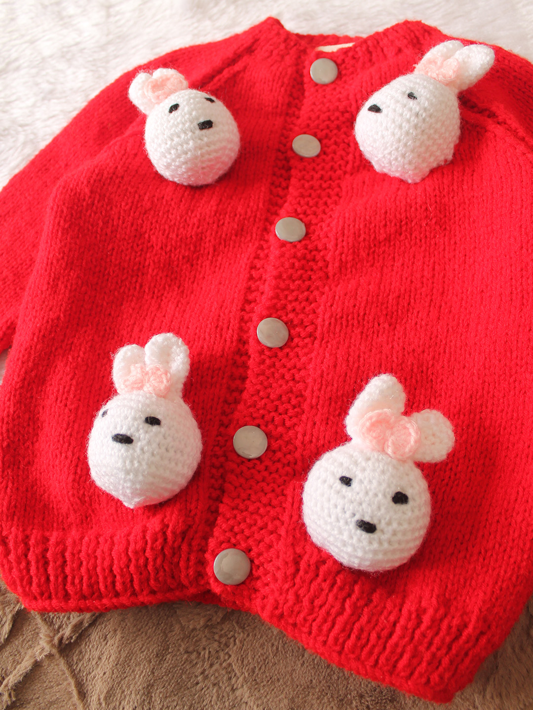 Woonie Handknitted Full Sleeves 3D Bunny Head Applique Cardigan - Red