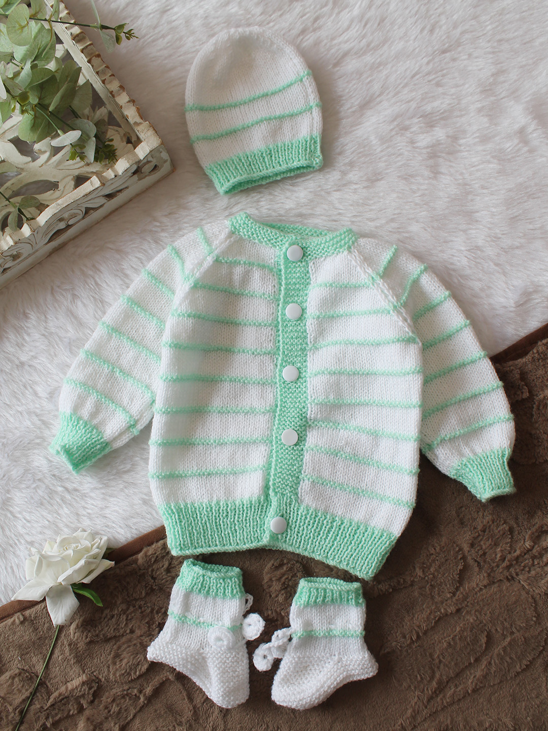 Woonie Handknitted Full Sleeves Striped Designed Cardigan with Cap & Socks Set - White