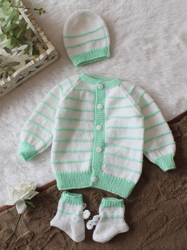 Image of Woonie Handknitted Full Sleeves Striped Designed Cardigan with Cap &amp; Socks Set - White