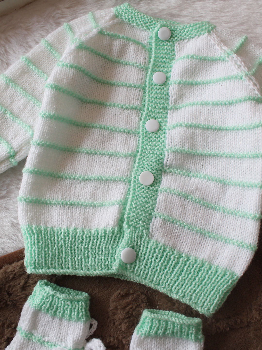 Woonie Handknitted Full Sleeves Striped Designed Cardigan with Cap & Socks Set - White