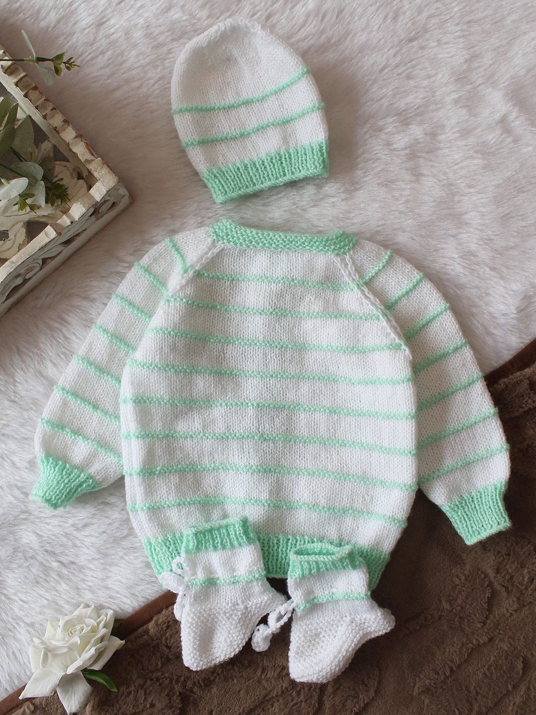 Woonie Handknitted Full Sleeves Striped Designed Cardigan with Cap & Socks Set - White