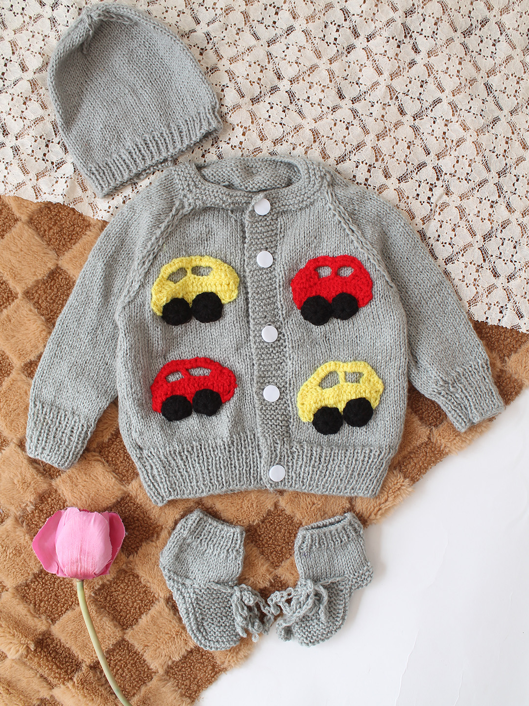 Woonie Handknitted Car Applique Sweater with Cap & Booties Set - Light Grey