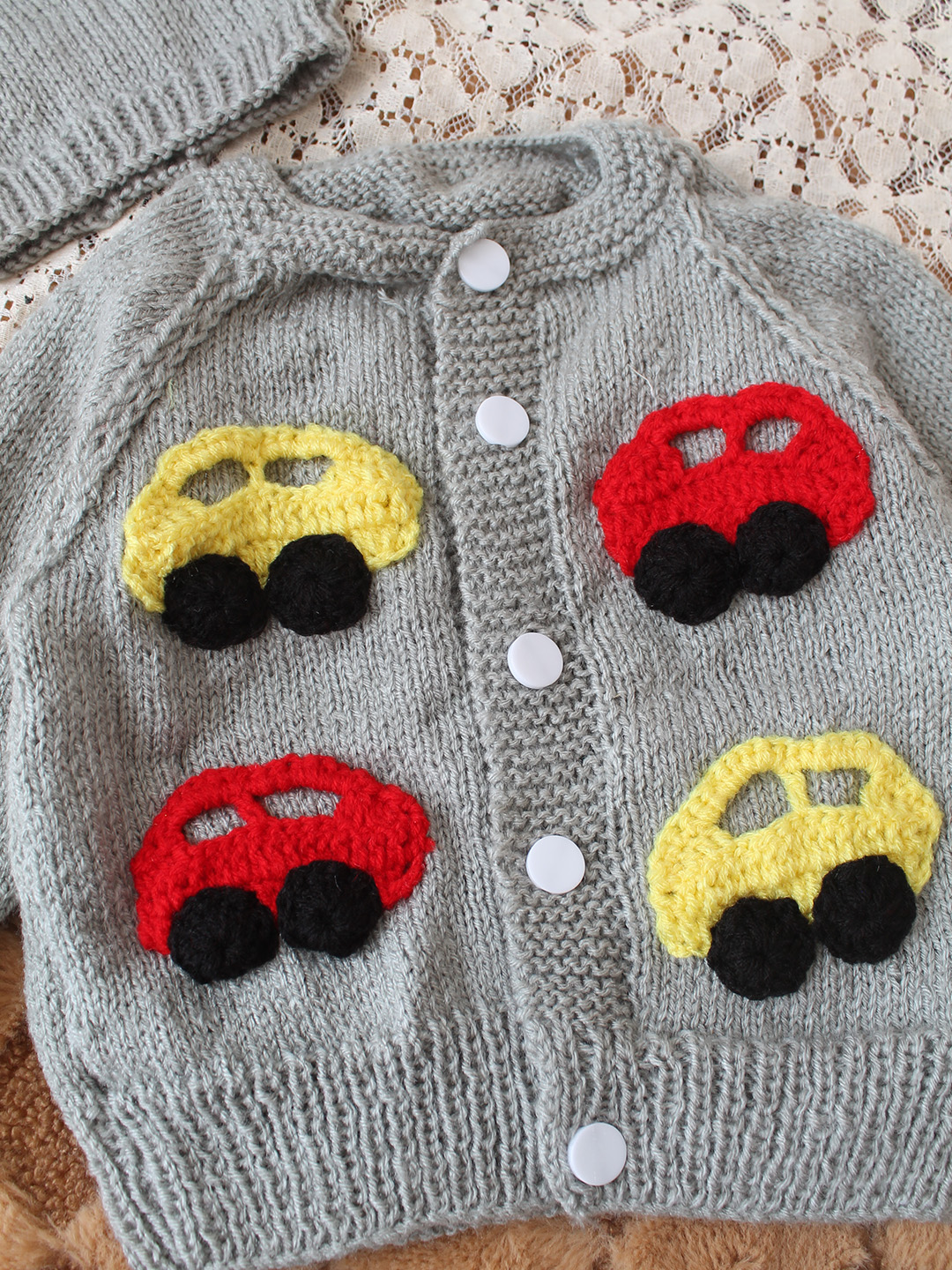 Woonie Handknitted Car Applique Sweater with Cap & Booties Set - Light Grey