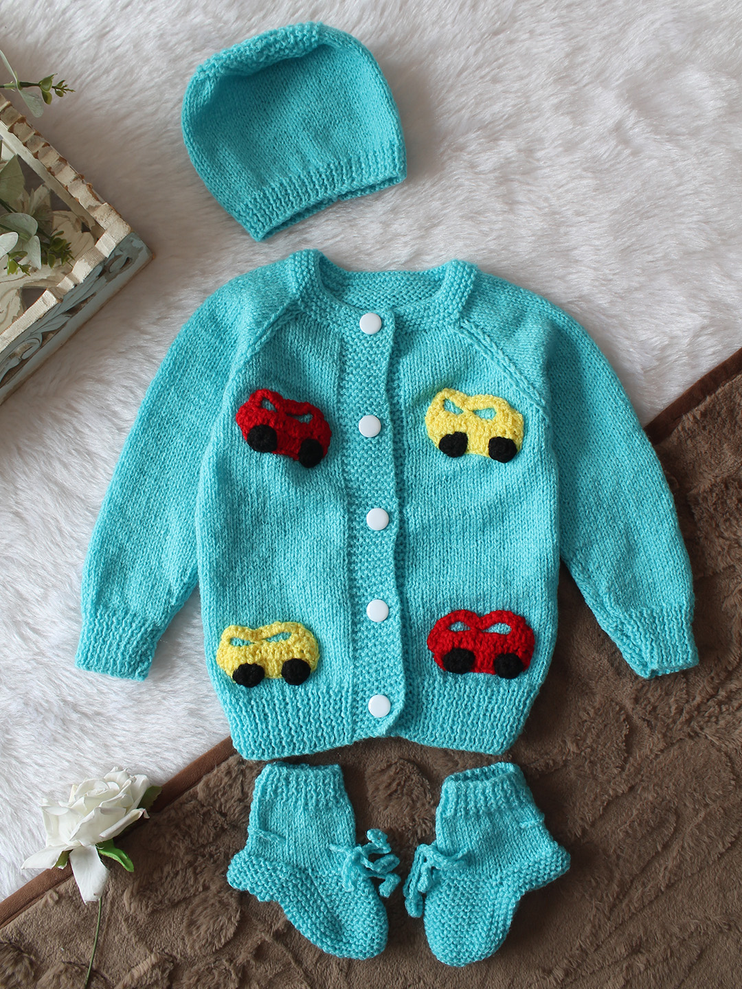Woonie Handknitted Full Sleeves Car Applique Detailed Cardigan with Cap & Socks Set - Blue