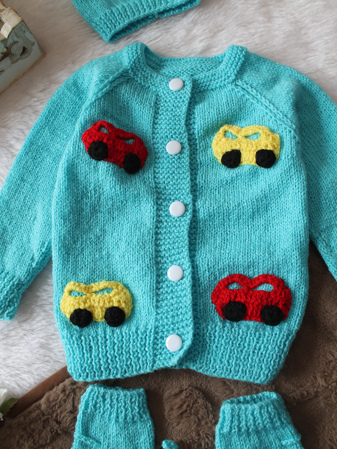 Woonie Handknitted Full Sleeves Car Applique Detailed Cardigan with Cap & Socks Set - Blue