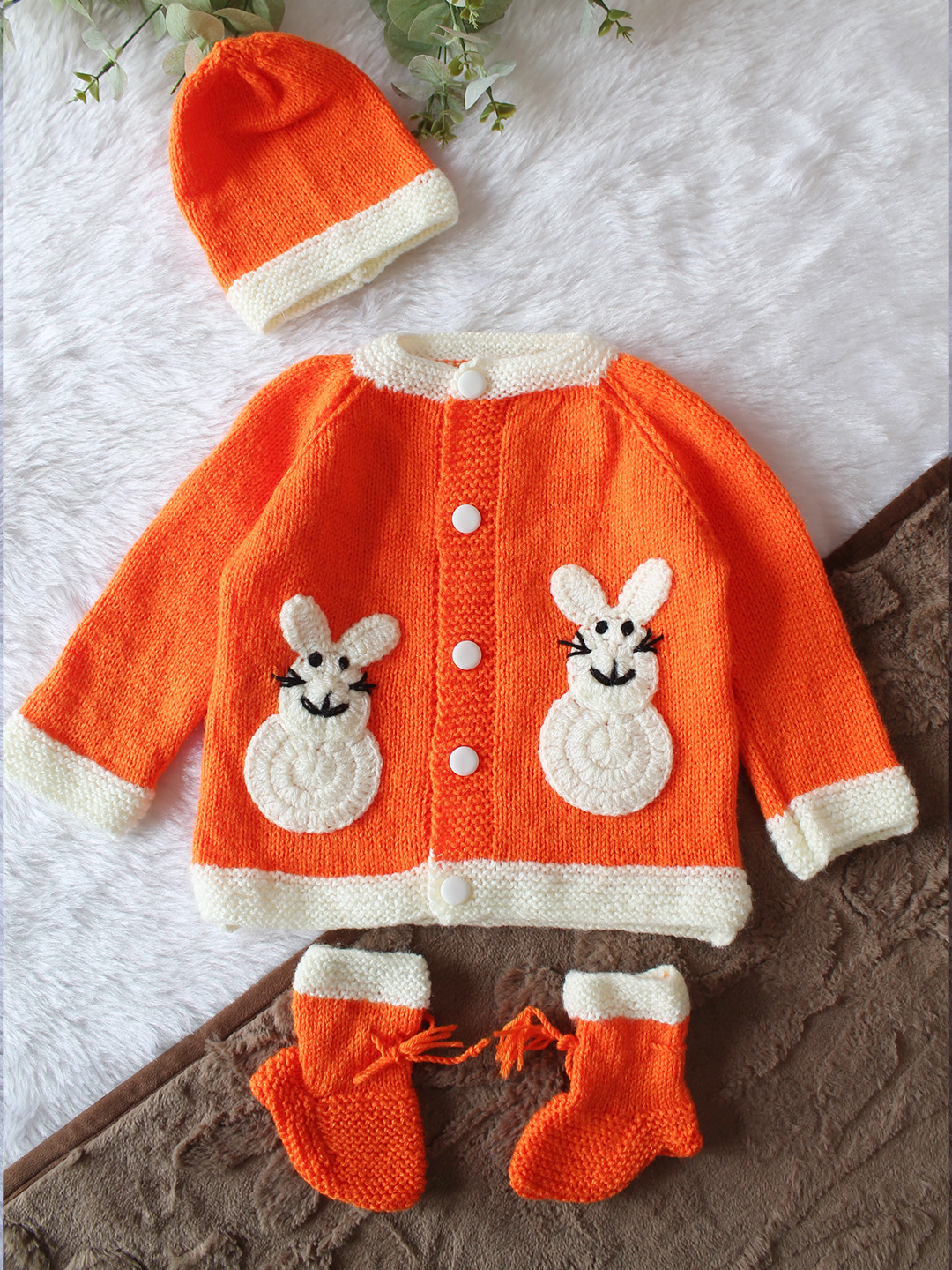 Woonie Handknitted Full Sleeves Mouse Applique Detailed Cardigan with Cap & Socks Set - Orange