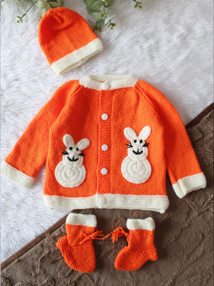 Image of Woonie Handknitted Full Sleeves Mouse Applique Detailed Cardigan with Cap &amp; Socks Set - Orange