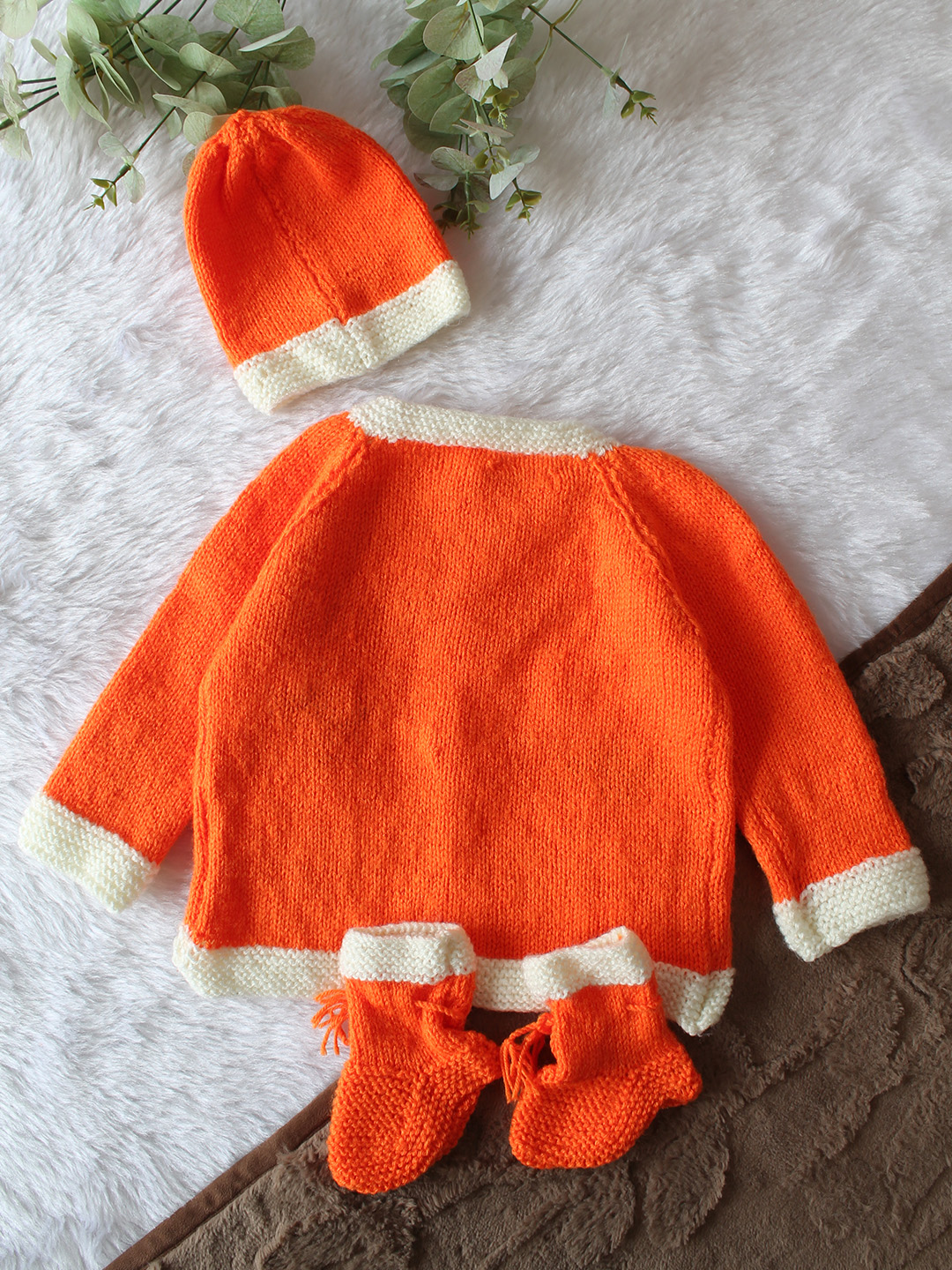 Woonie Handknitted Full Sleeves Mouse Applique Detailed Cardigan with Cap & Socks Set - Orange