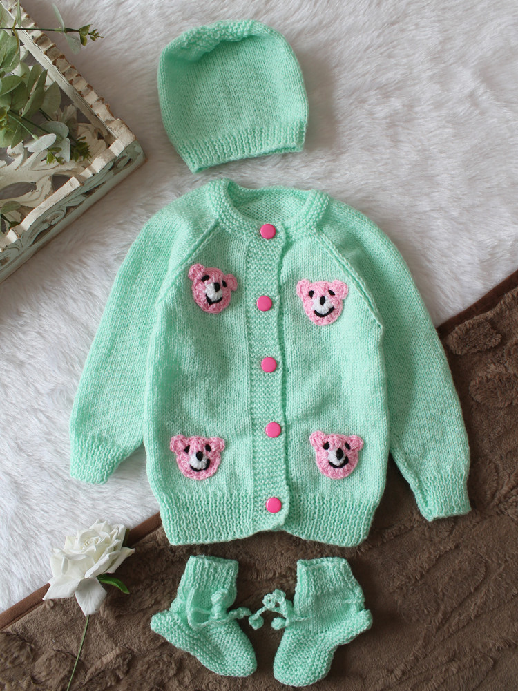 Image of Woonie Handknitted Full Sleeves Bear Face Applique Detailed Cardigan with Cap &amp; Socks Set - Light Green