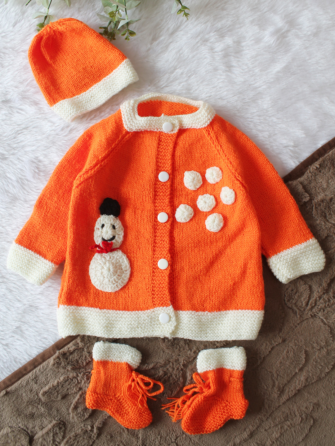 Woonie Handknitted Full Sleeves Snowman Applique Detailed Cardigan with Cap & Socks Set - Orange