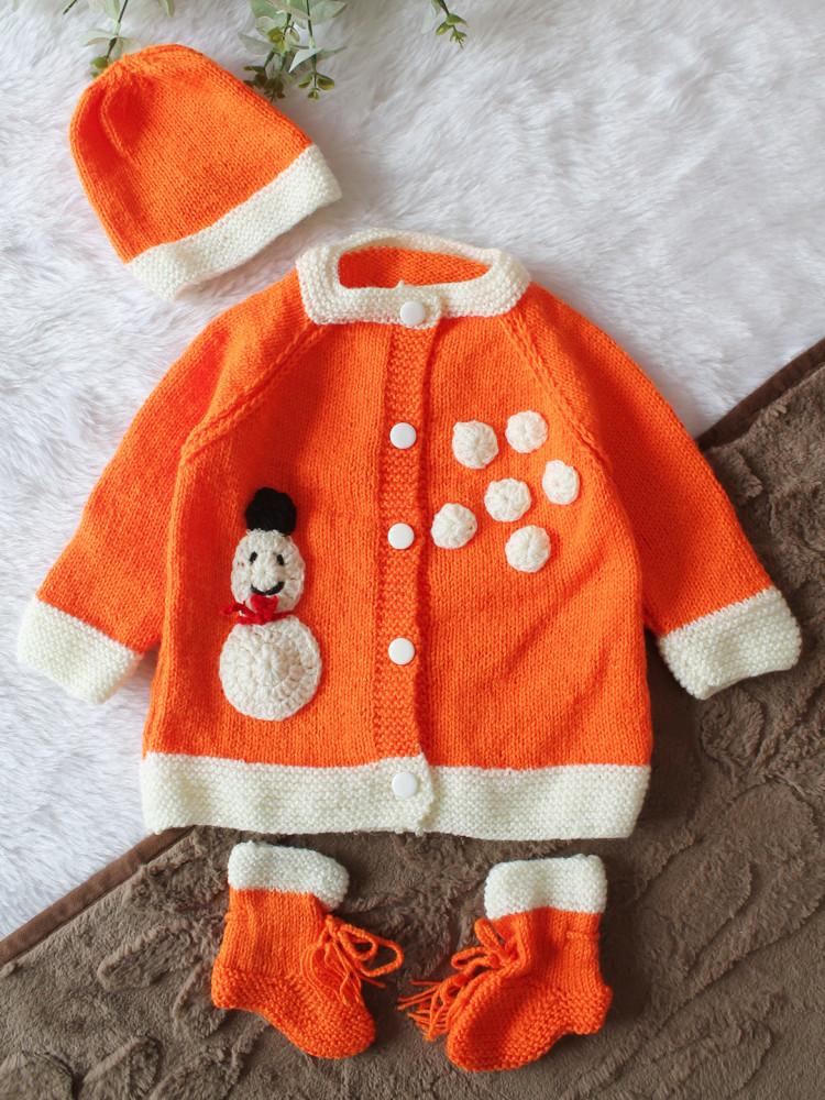 Image of Woonie Handknitted Full Sleeves Snowman Applique Detailed Cardigan with Cap &amp; Socks Set - Orange