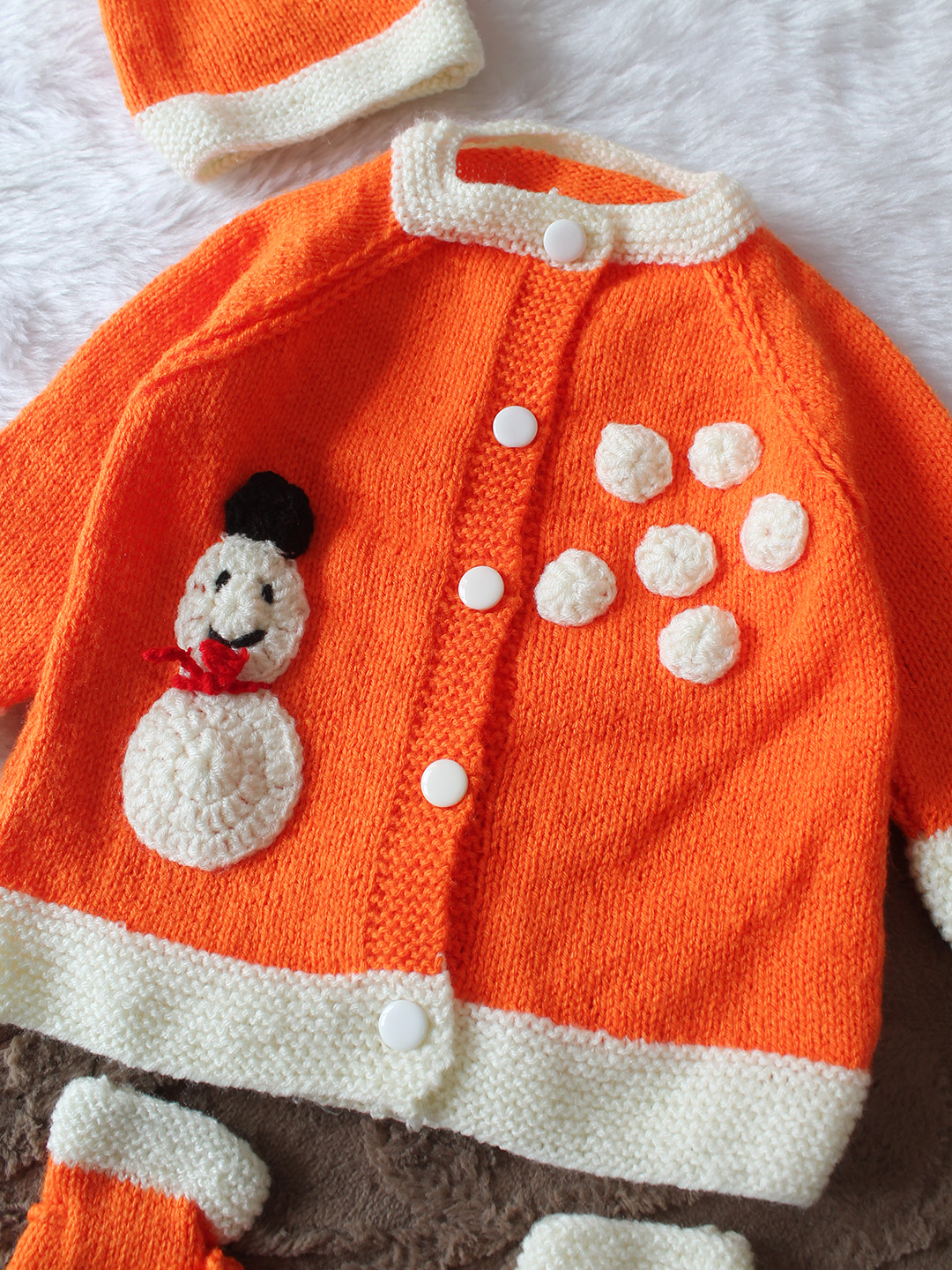 Woonie Handknitted Full Sleeves Snowman Applique Detailed Cardigan with Cap & Socks Set - Orange