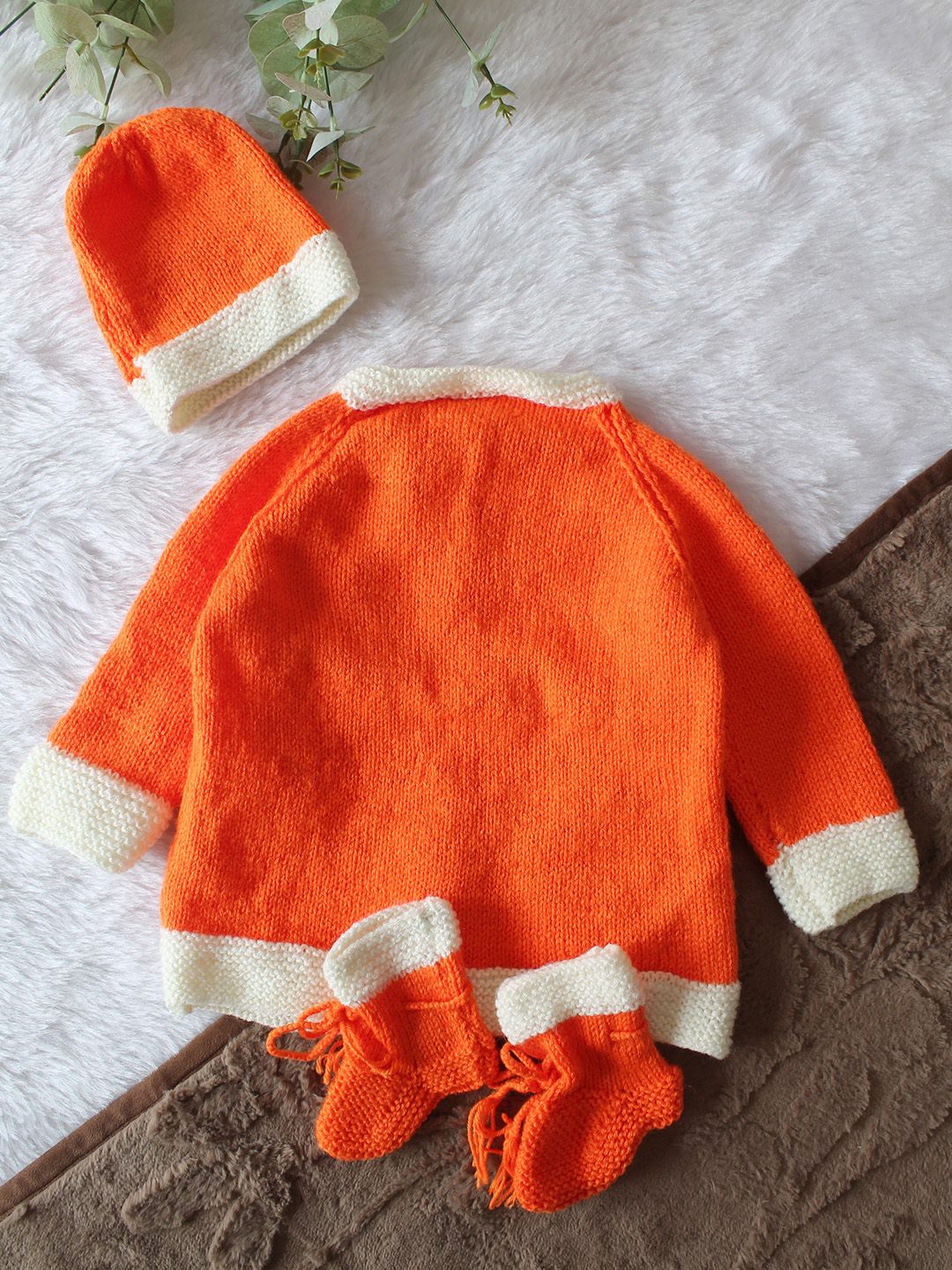 Woonie Handknitted Full Sleeves Snowman Applique Detailed Cardigan with Cap & Socks Set - Orange