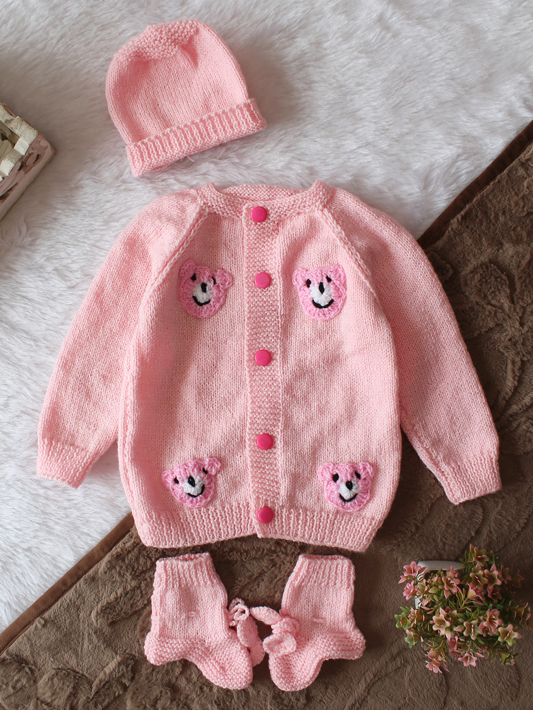 Woonie Handknitted Full Sleeves Bear Face Applique Detailed Cardigan with Cap & Socks Set - Pink