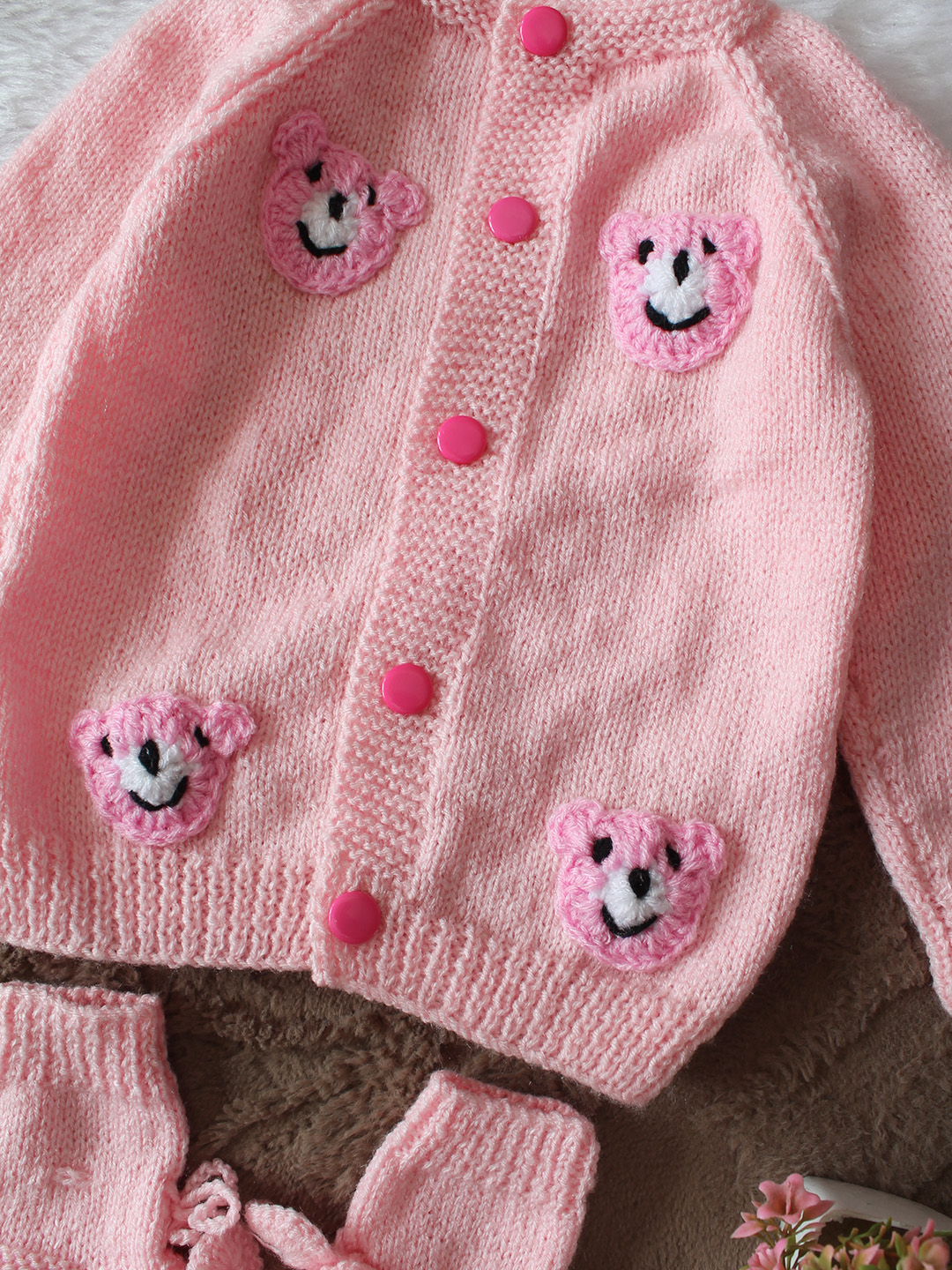 Woonie Handknitted Full Sleeves Bear Face Applique Detailed Cardigan with Cap & Socks Set - Pink