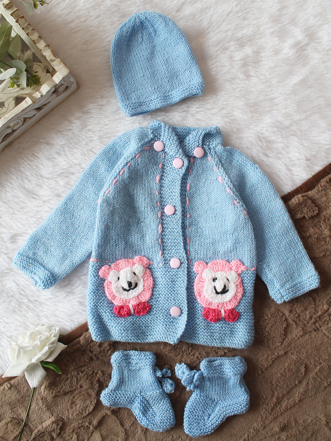 Woonie Handknitted Full Sleeves Bear Face Applique Detailed Cardigan with Cap & Socks Set - Sky Blue